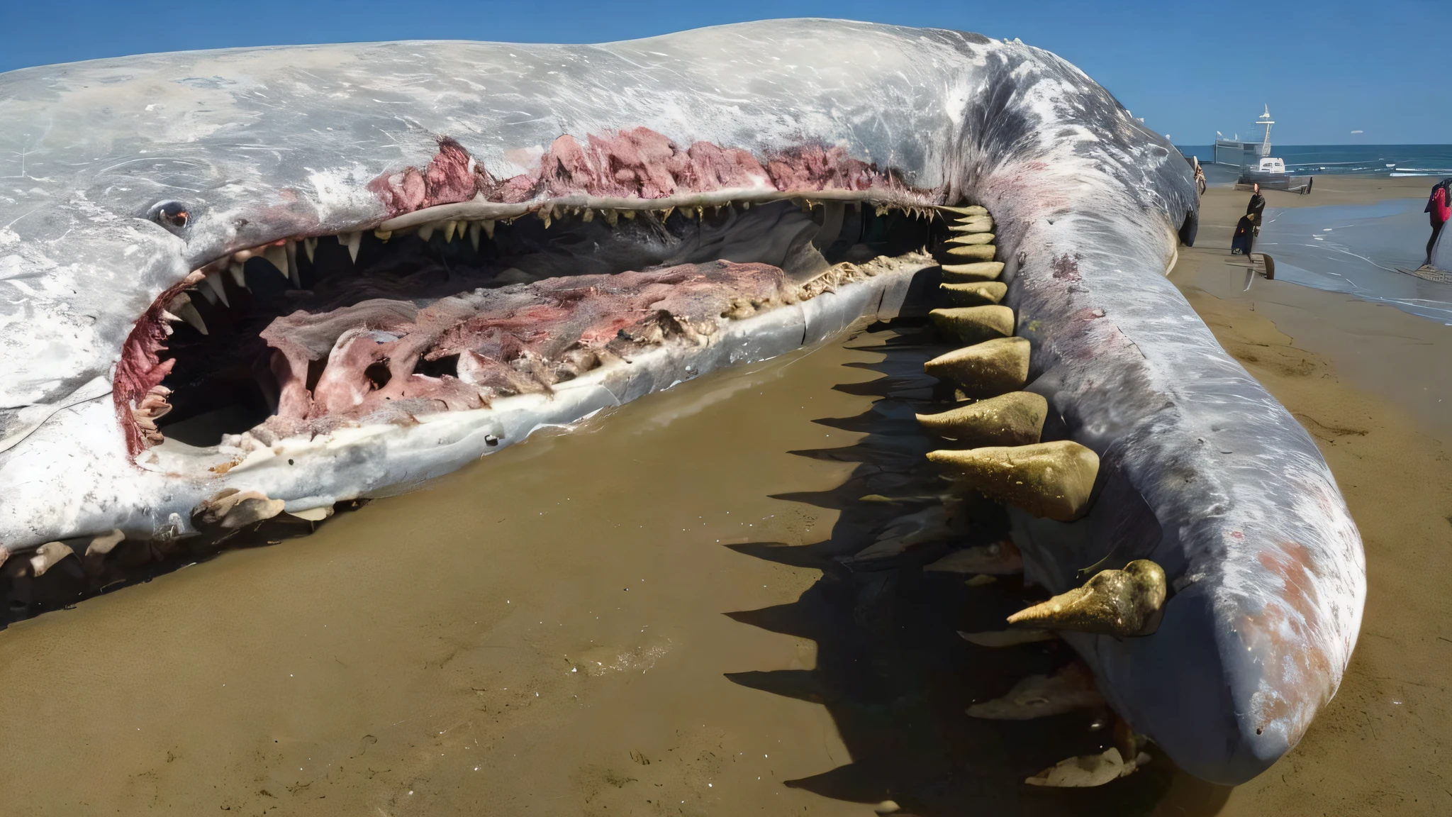 there is a large whale that is laying on the beach, whale carcass, giant teeth, detailed maw, detailed hot maw, massive teeth, huge teeth, sea monster looks like ship, scary sea monster, gaping maw, ocean giant creature bloop, whale monsters, crocodile - like teeth, terrifying but fascinating, large teeth, whale skeleton