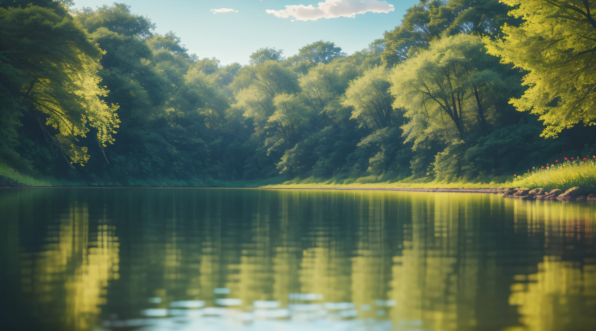 A verdant forest bathed in warm sunlight, the breeze blowing the branches and making a soft rustle sound. The lake is calm as a mirror, reflecting the beauty of the forest and sky. The wildflowers on the shore exude a faint fragrance, which relaxes the mood and greatly relieves the body and mind. This relaxing scenery seems to take people through a peaceful world. Realistic, 8K UHD, Studio Quality, Ultra Realistic, Maximum Detail, Massive Scale, Post-Process, Photorealistic, Photoshop, Photography, Detailed, Cinematic Lighting, Landscape, Panorama, Landscape, Ray Tracing, Cinema4D