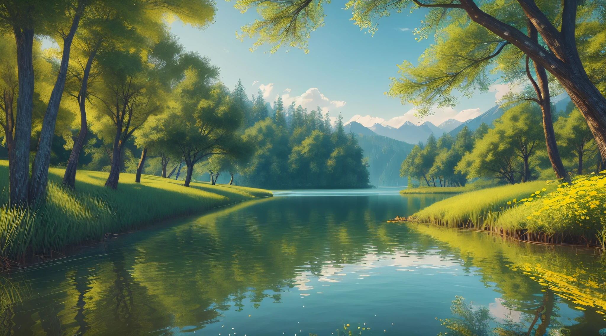 A verdant forest bathed in warm sunlight, the breeze blowing the branches and making a soft rustle sound. The lake is calm as a mirror, reflecting the beauty of the forest and sky. The wildflowers on the shore exude a faint fragrance, which relaxes the mood and greatly relieves the body and mind. This relaxing scenery seems to take people through a peaceful world. Realistic, 8K UHD, Studio Quality, Ultra Realistic, Maximum Detail, Massive Scale, Post-Process, Photorealistic, Photoshop, Photography, Detailed, Cinematic Lighting, Landscape, Panorama, Landscape, Ray Tracing, Cinema4D