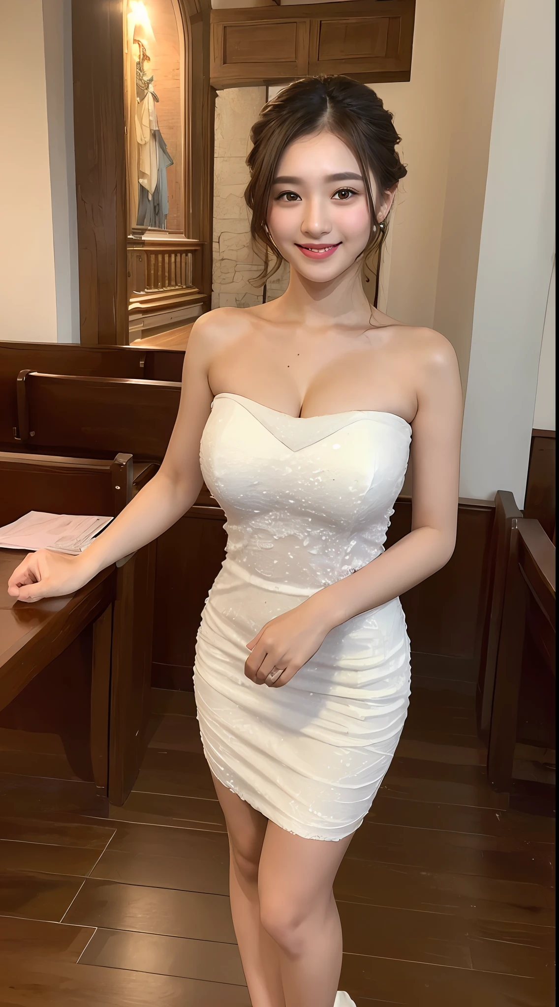 ((Best Quality, 8K, Masterpiece: 1.3)), 1girl, Full body photo, Beauty: 1.3, (Casual hairstyle, Big breasts: 1.3), Bandeau wedding dress: 1.5, Super fine face, Detailed eyes, Double eyelids, smile, Church