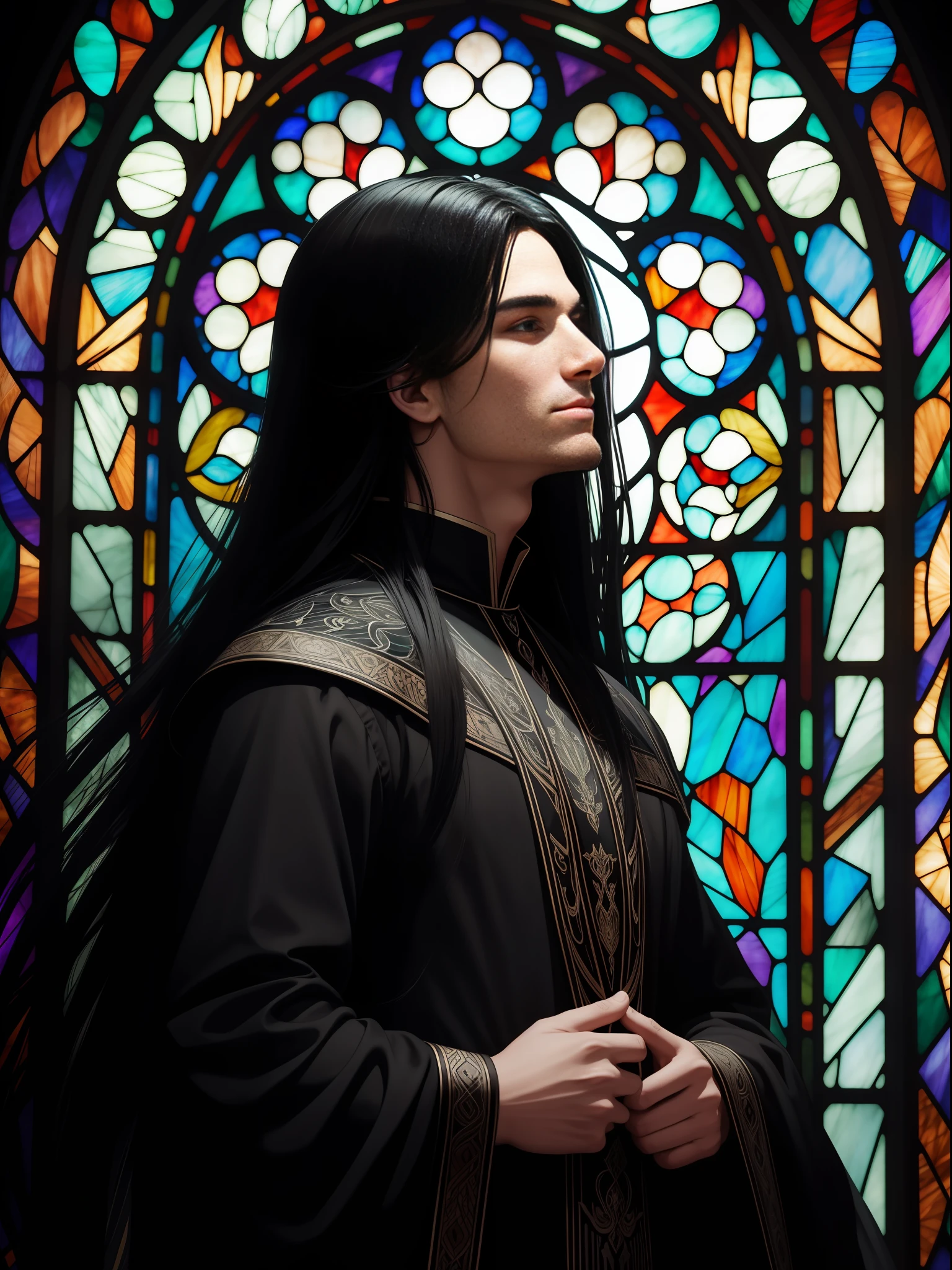 Detailed drawing. Calm colors. High quality. High image quality. Masterpiece. A stone temple of evil hearts, cracked here and there and desolate. A beautiful devil illuminated by moonlight shining through a stained glass window. One man. Mature male,Devil has a beautiful face that is neutral, eyes that shine as if to fascinate, grin,beautiful long black hair. She wears jet-black clothes with intricate and delicate woven patterns. Male focus, full body, datailed male, art nouveau style stained glass window background, moonlight. Beautiful shading. Composition looking up from below