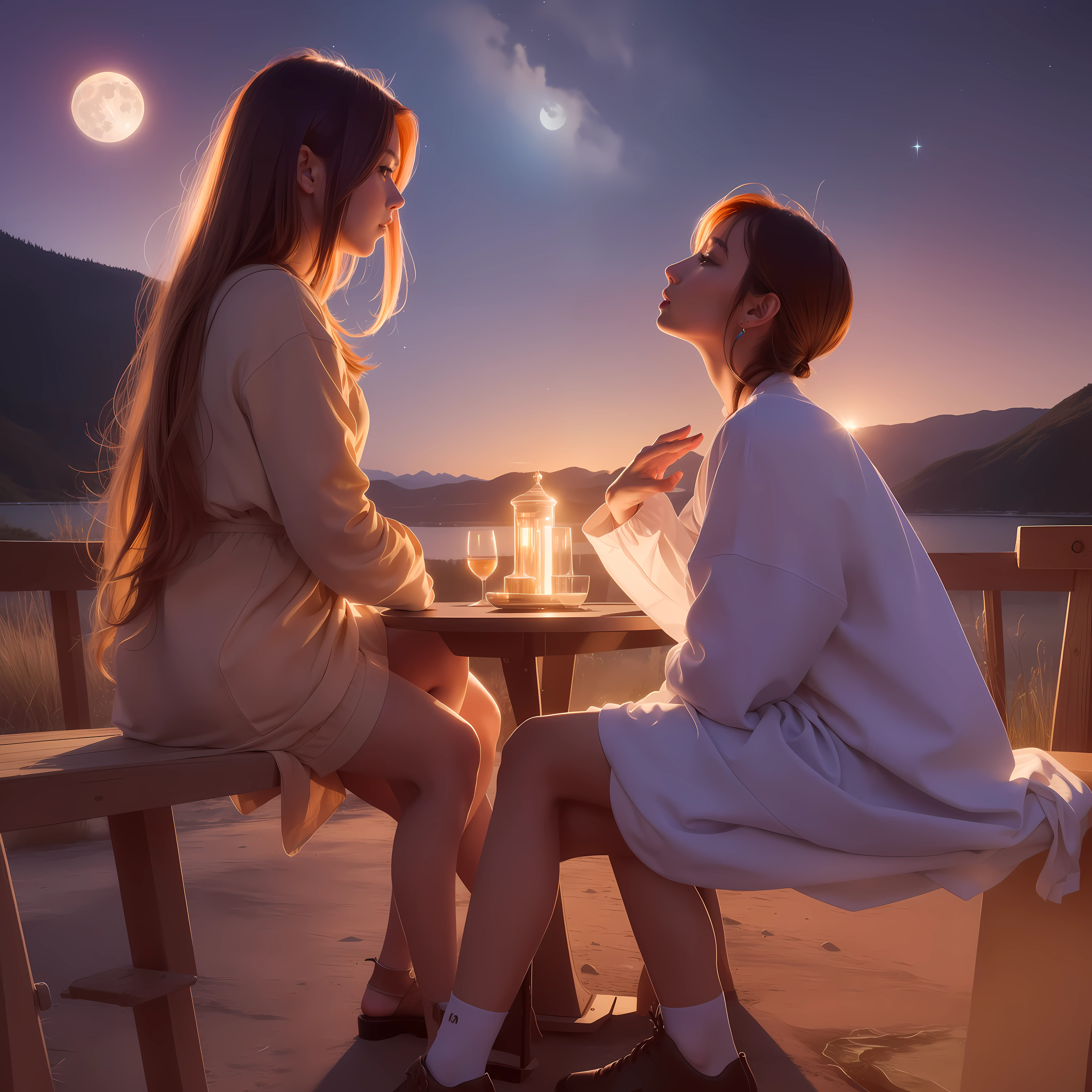 A young couple, sitting on a bridge looking up at the stars (Full Moon: 1.2), (Meteor: 0.9), (Nebula: 1.3), distant mountains, trees BREAK Making Art, (Warm Light Source: 1.2), (Firefly: 1.2), lamps, lots of purple and orange, intricate details, volumetric lighting BREAK (Masterpiece: 1.2), (Best Quality), 4K, Ultra Detailed, (Dynamic Composition: 1.4), Detailed, Colorful, (Iridescent: 1.2), (Glow, Atmospheric Lighting), Dreamy, Fantastic, (Solo: 1.2)