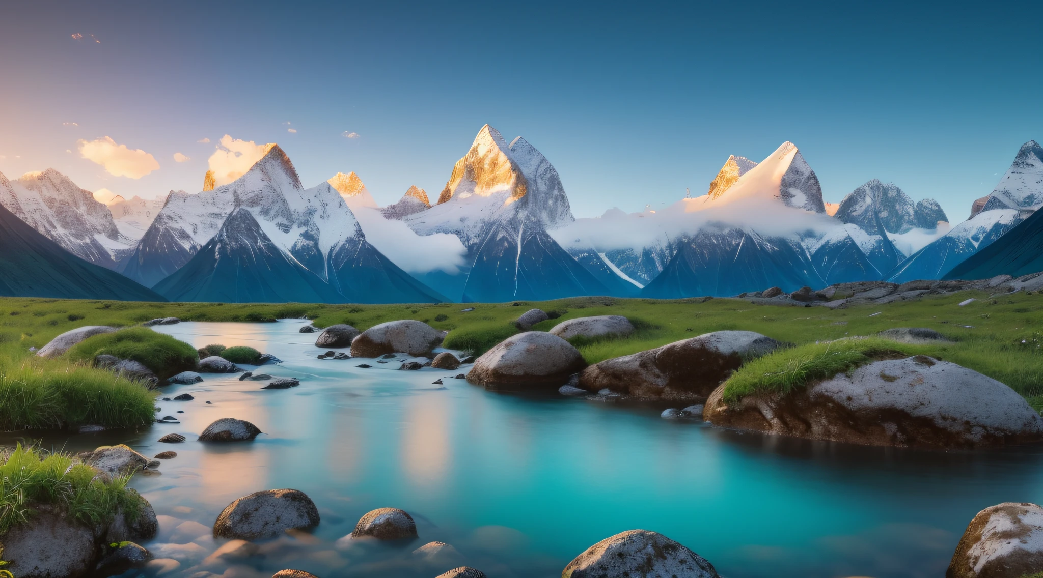 Towering peaks stand straight in front of you, the summits covered in snow, like a white skyline. The surrounding clouds and mist are like a fairyland. There is a clear stream under the peak, flowing water, fresh and pleasant. This shocking sight makes people feel the grandeur and power of nature, and people can't help but sigh at their own insignificance in this magnificent nature. Realistic, 8K UHD, Studio Quality, Ultra Realistic, Maximum Detail, Massive Scale, Post-Process, Photorealistic, Photoshop, Photography, Detailed, Cinematic Lighting, Landscape, Panorama, Landscape, Ray Tracing, Cinema4D