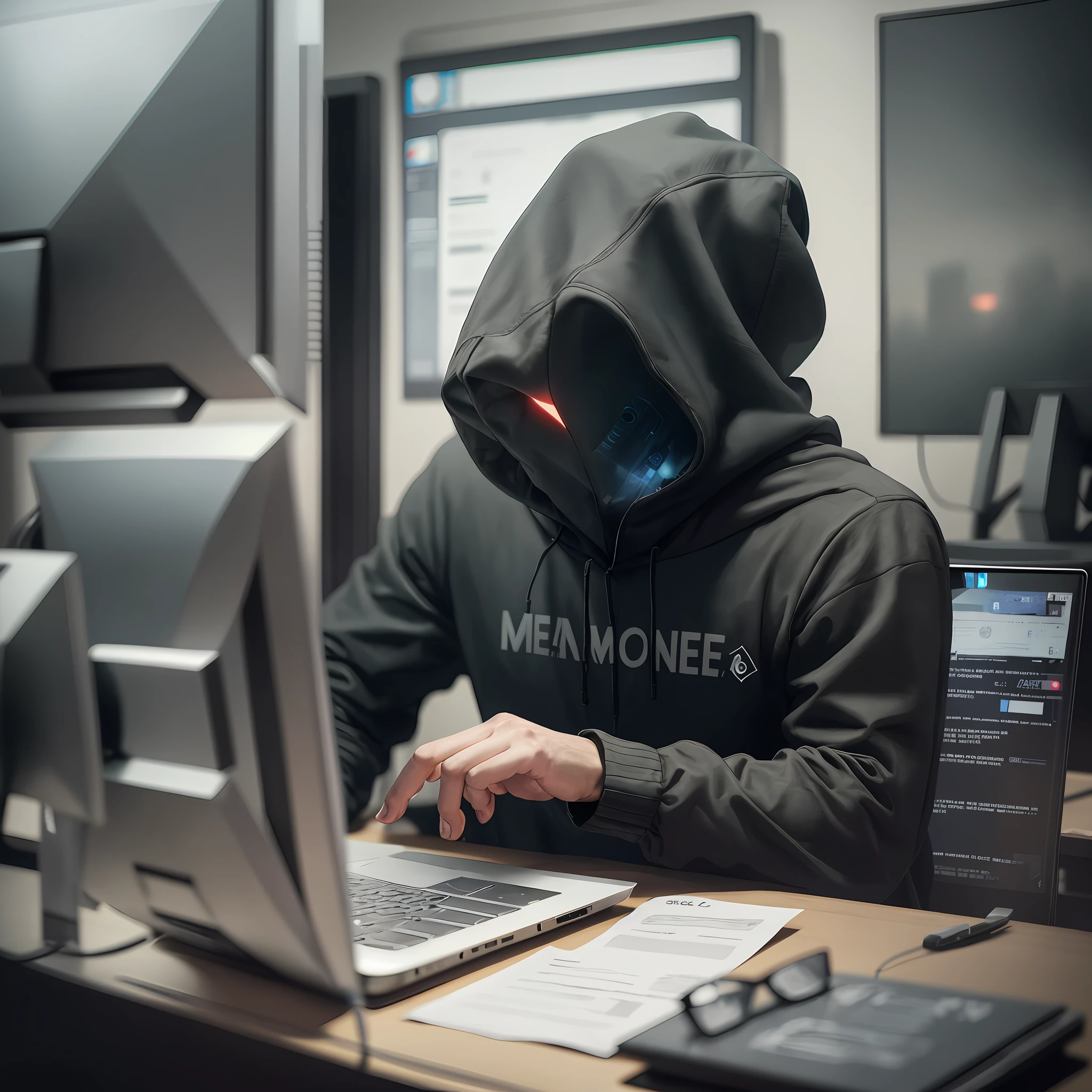 arafed man in a hoodie working on a laptop computer, cyberpunk hacker, wearing netrunner clothing, hacking into the mainframe, hacker, in front of a computer, menacing, black hoodie techie, menacing!, anonymous, photo still, by Bernard Meninsky, an alien working on a computer, man steal computers, technology cloak