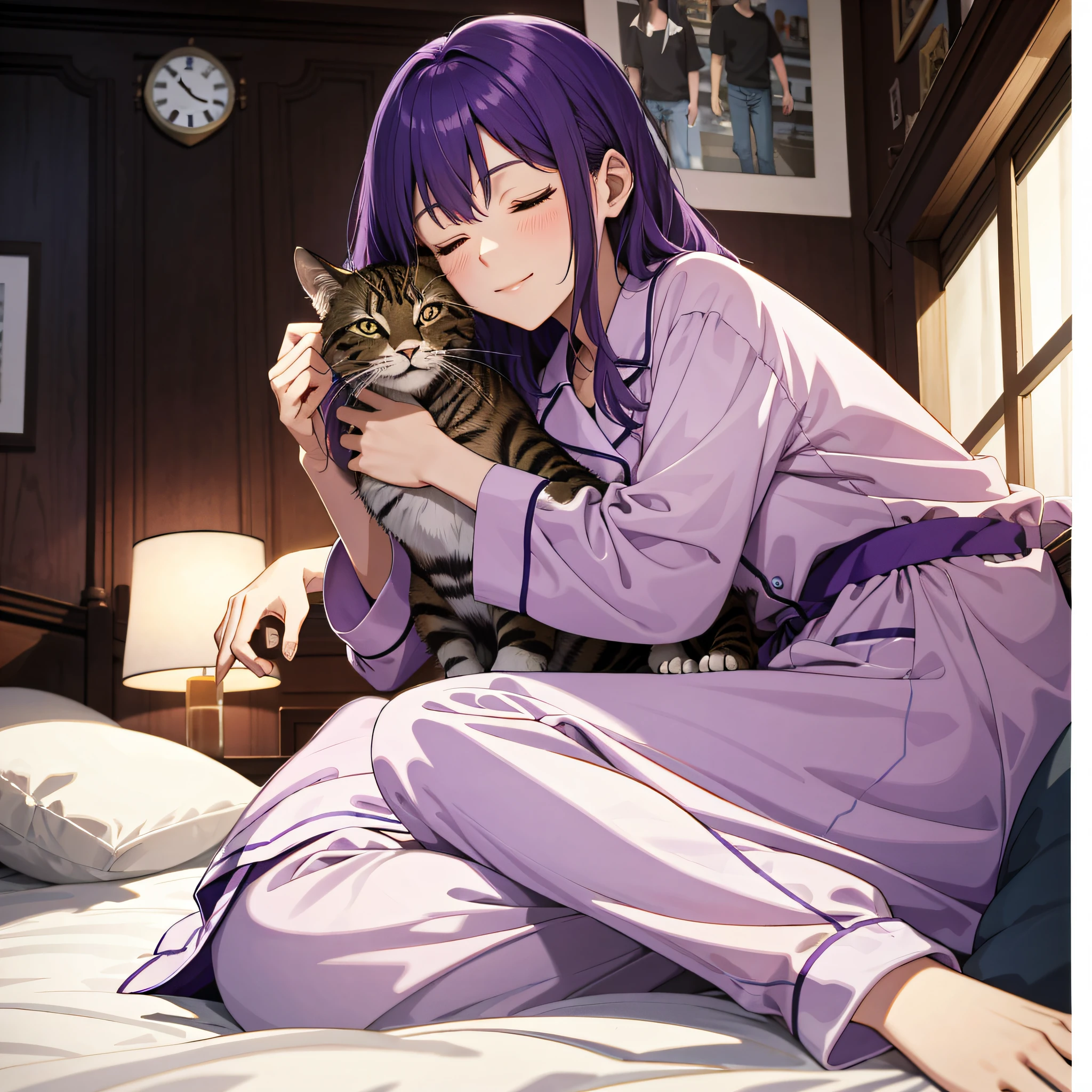 Absurd resolution, high resolution, (masterpiece: 1.4), hyperdetail, pajamas purple haired middle-aged, sleeping in bed, holding cat, eyes closed, wall clock (1.2)