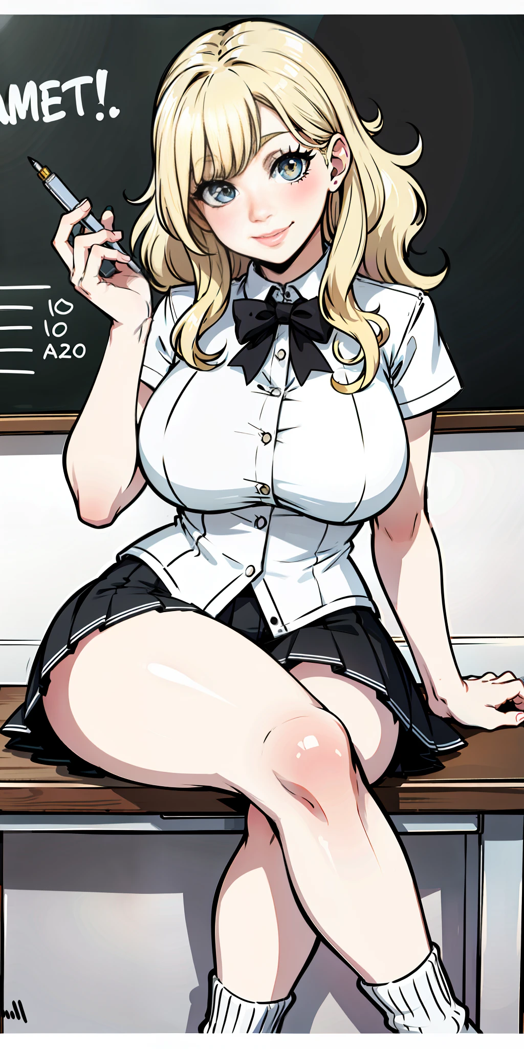 Color, (Masterpiece: 1.4), (Best Quality: 1.4), 8K, HD, Ultra HD, 1 Girl, (Big Tits: 1.4), Long Blonde Hair, White Clothes, Black Short Skirt, White Socks, Desk, Reading, Pen, Curly Hair, Blushing, (Smile with Joy), ((Hands Cover Face, Eyes Covered)), Classroom, Blackboard, ((Sitting at Desk)), ((Reading))