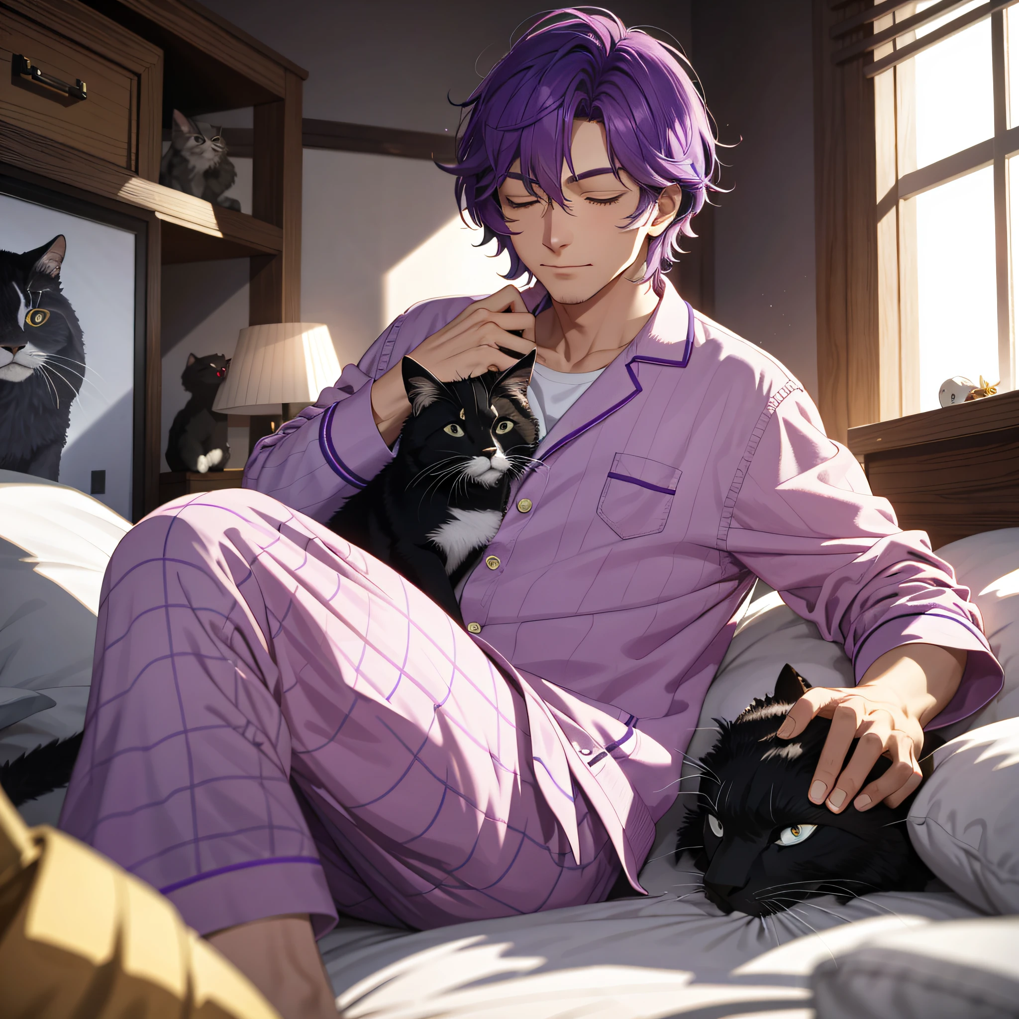 Absurd resolution, high resolution, (masterpiece: 1.4), hyper-detailed, middle-aged man with purple hair in pajamas, sleeping in bed, holding a cat, eyes closed