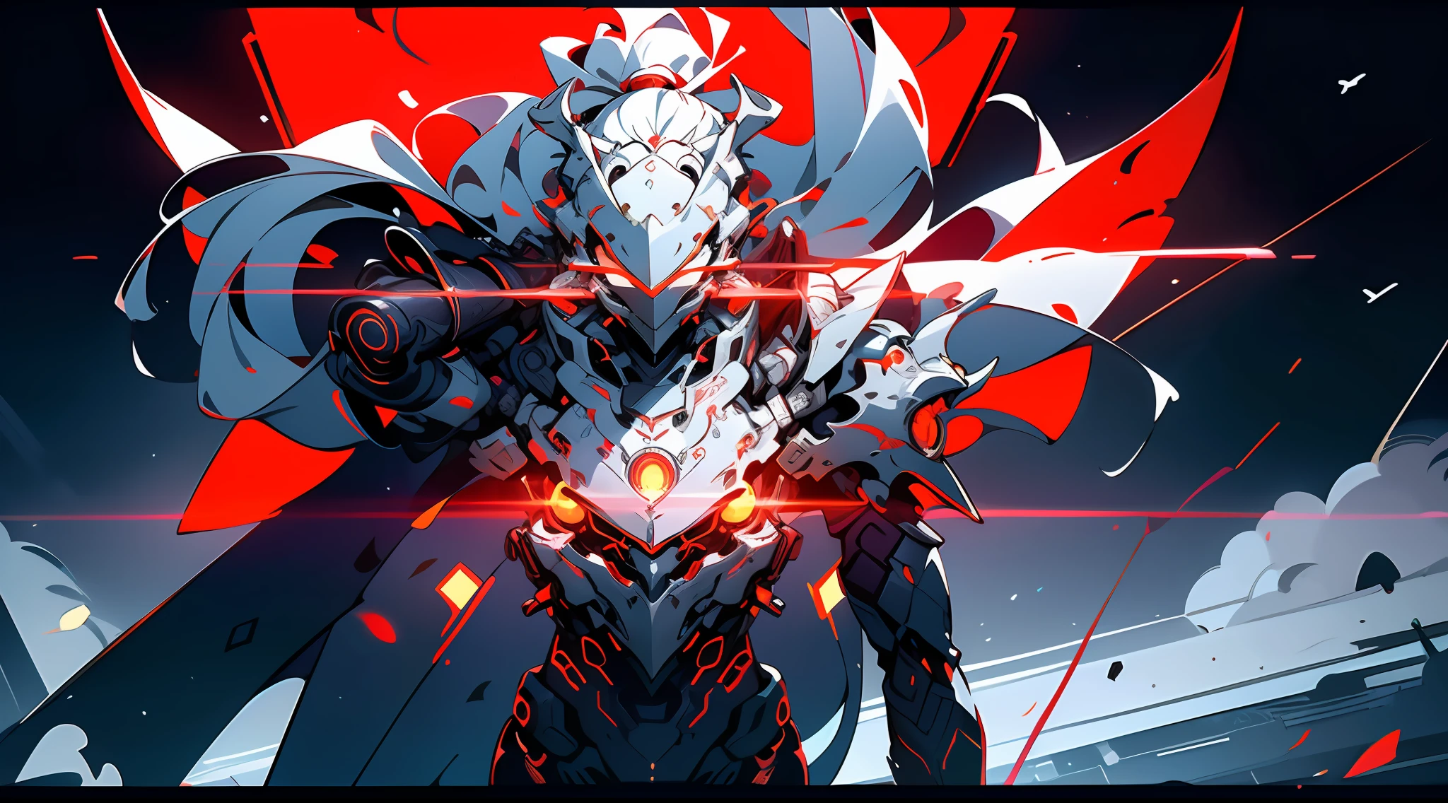 A mech, silver-white long ponytail and waist, V-shaped mechanical helmet, helmet eyes with red light, wearing a black sexy mech suit, red torn cloak swaying in the wind, white glowing six-winged mechanical wings, a broad sword glowing yellow with red light effect, Night, Rain, A destroyed cyberspace in the book of Apocalypse, lifelike, best image quality, highest definition and clarity, original, surrealism, high detail, futurism, action painting, chiaroscuro, ray tracing, motion blur, Cowboy shot, close-up, battle action drawing, layering, soft light, holographic display, cyberpunk style