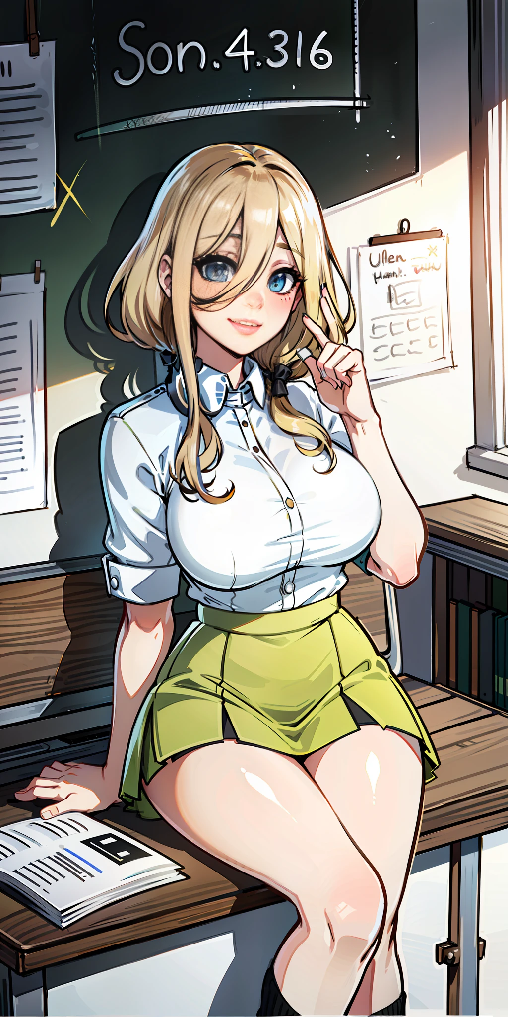 Color, (Masterpiece: 1.4), (Best Quality: 1.4), 8K, HD, Ultra HD, 1 Girl, (Big Tits: 1.4), Long Blonde Hair, White Clothes, Black Short Skirt, White Socks, Desk, Reading, Pen, Curly Hair, Blushing, (Smile with Joy), ((Hands Cover Face, Eyes Covered)), Classroom, Blackboard, ((Sitting at Desk)), ((Reading))