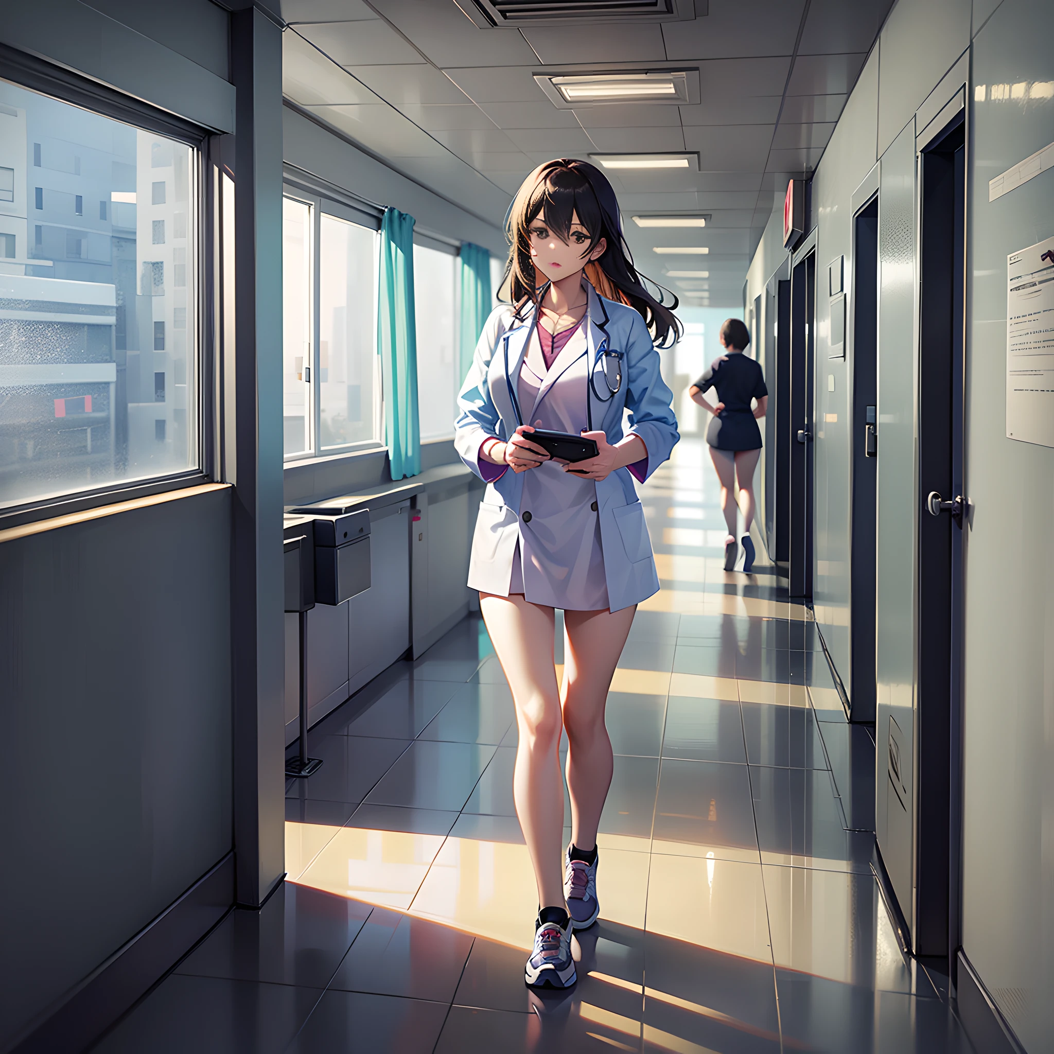 Female doctor, running, corridor, hospital