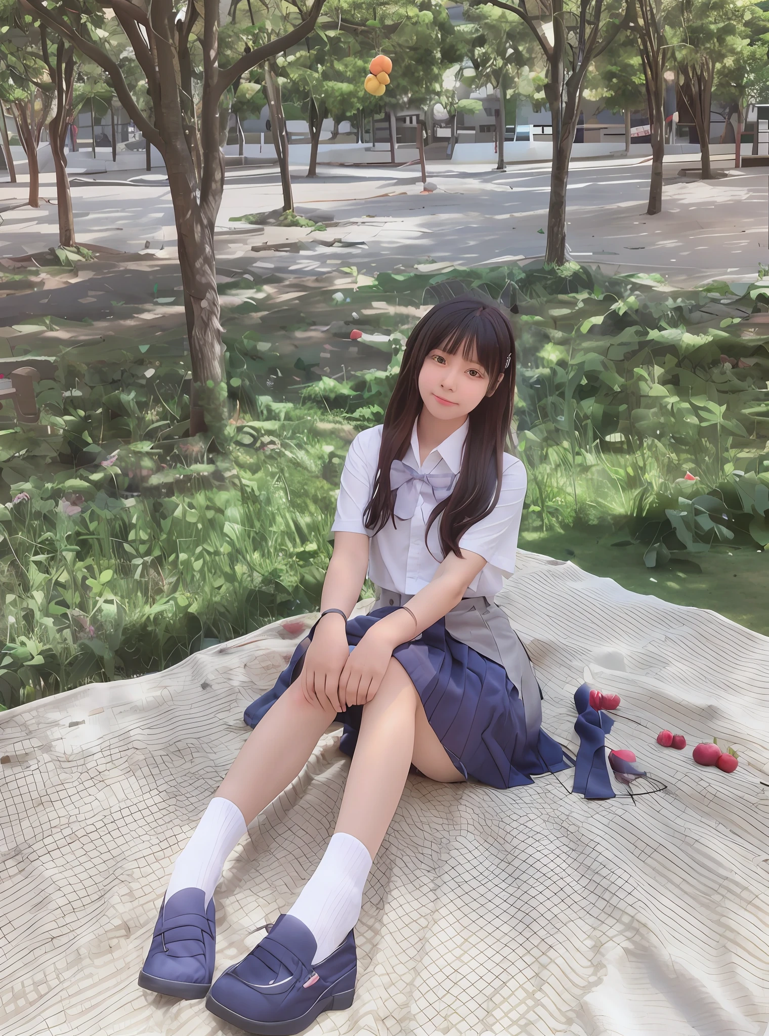 Arapei girl sitting on blanket in park with lots of fruits next to it, surreal schoolgirl, surreal schoolgirl, magical school student uniform, realistic schoolgirl, schoolgirl posing, cute schoolgirl, no panties, Japanese girl school uniform, ulzzang, sitting on the ground, wearing Japanese school uniform, sunny and wearing school uniform,