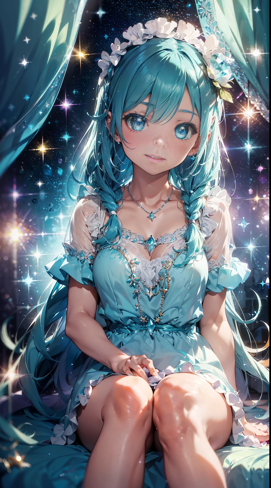Aquamarine Gems, Light Blue Gemstone Necklace
(((Masterpiece))). ((Super detail, top quality, high resolution, movie lighting, glitter, lens flare, light particles, glowing tones,))
Fullbody (one shoujo) light smile, split seat
(medium hair, single braid,, aqua hair,), wearing a light blue maid outfit, ruffles
Eyeshadow, eyeliner, beautiful eyes
11 year old girl. Light, brilliance, glare, glare, glitter, reflection, prism, transparency. Thin material. (Aquamarine background)