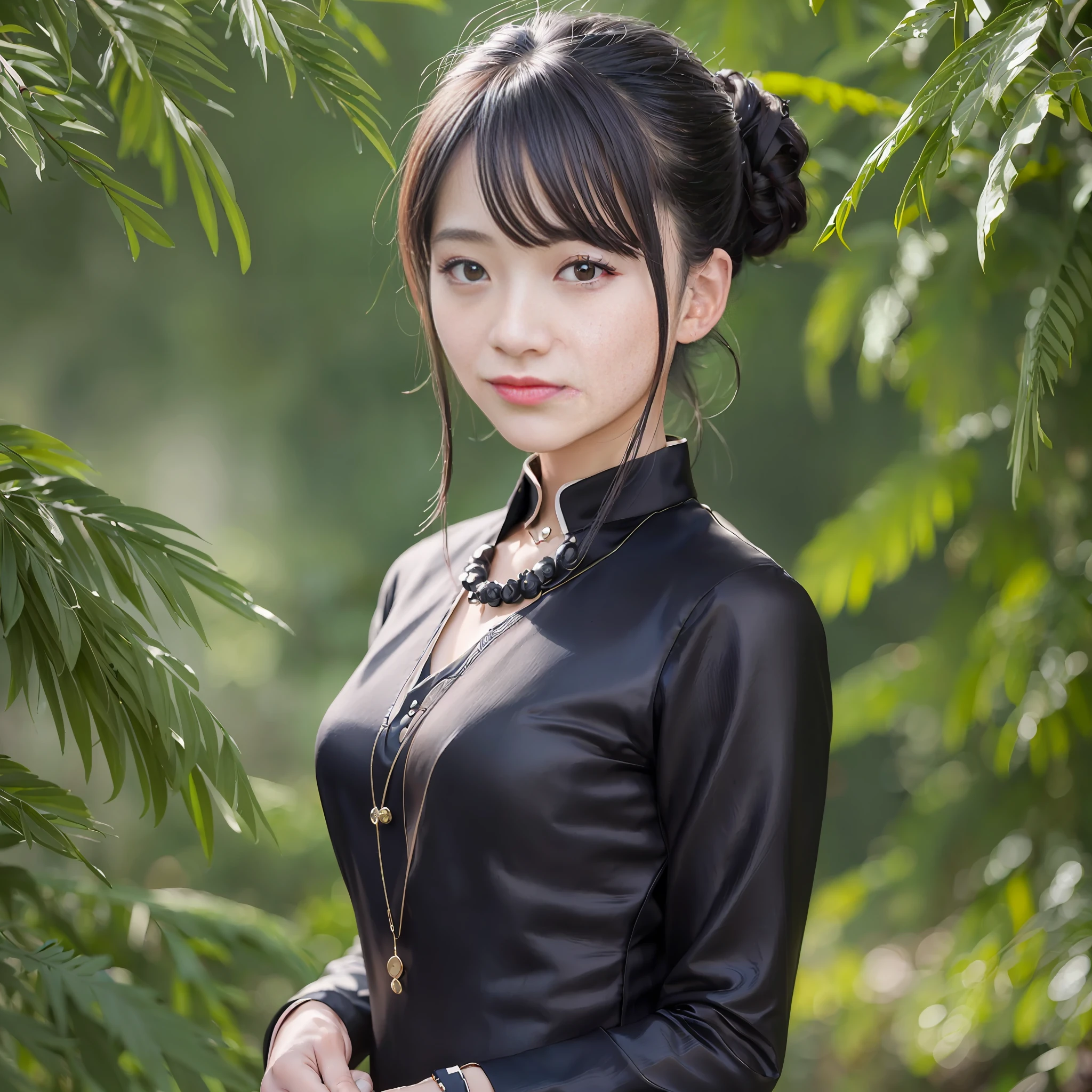 (Best Quality, 8k, 32k, Masterpiece, UHD: 1.2), Photo of Beautiful Chinese Woman, (Detailed Face: 1.1), Simple Black Suit, Looking at the Viewer, Upper Body, Necklace, Dress Shirt, Smile, Skirt