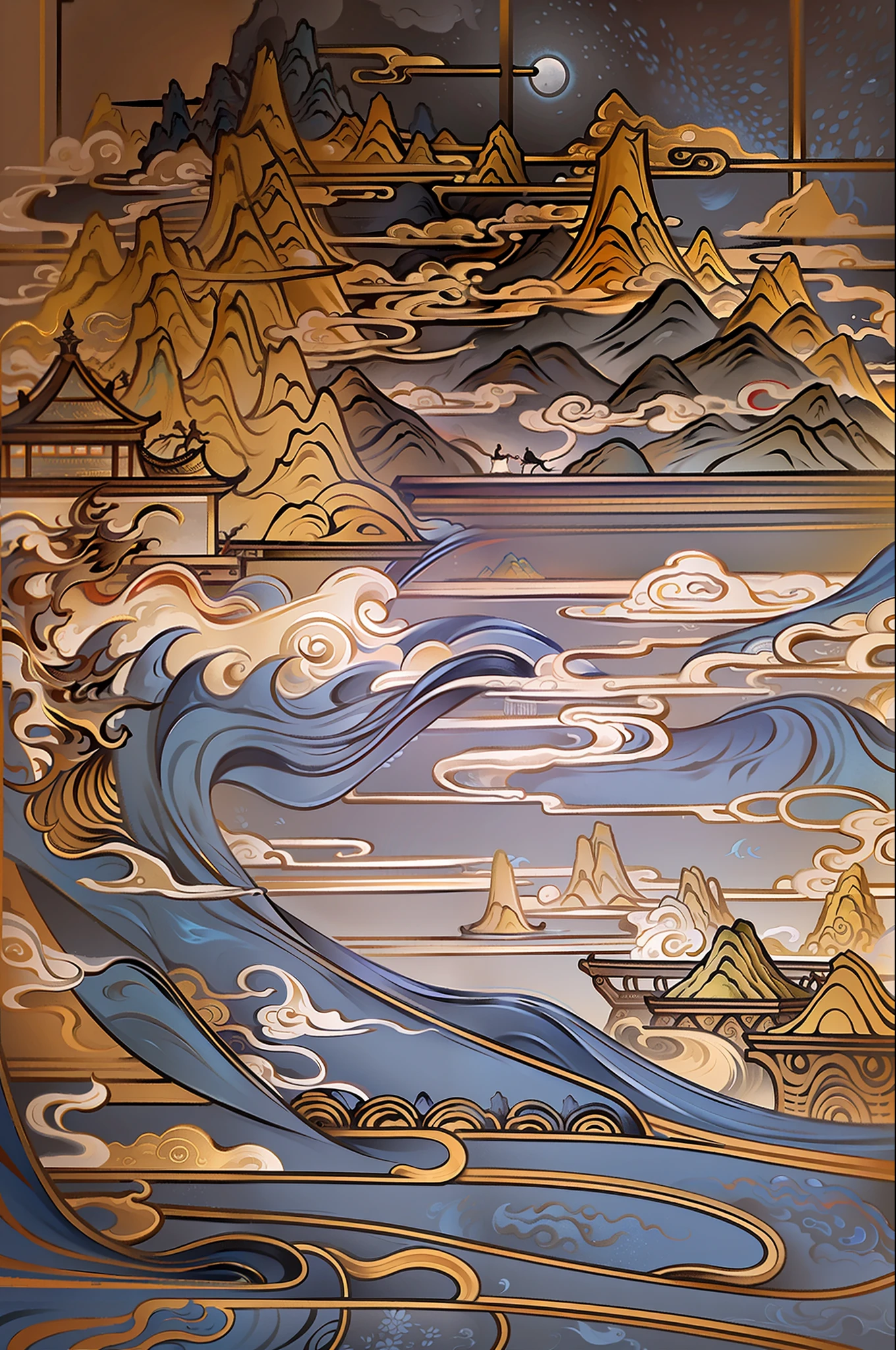 An ancient Chinese painting, ancient Chinese background, mountains, rivers, auspicious clouds, pavilions, sunshine, masterpieces, super detail, epic composition, ultra HD, high quality, extremely detailed, official art, unified 8k wallpaper, Super detail, 32k -- v 6