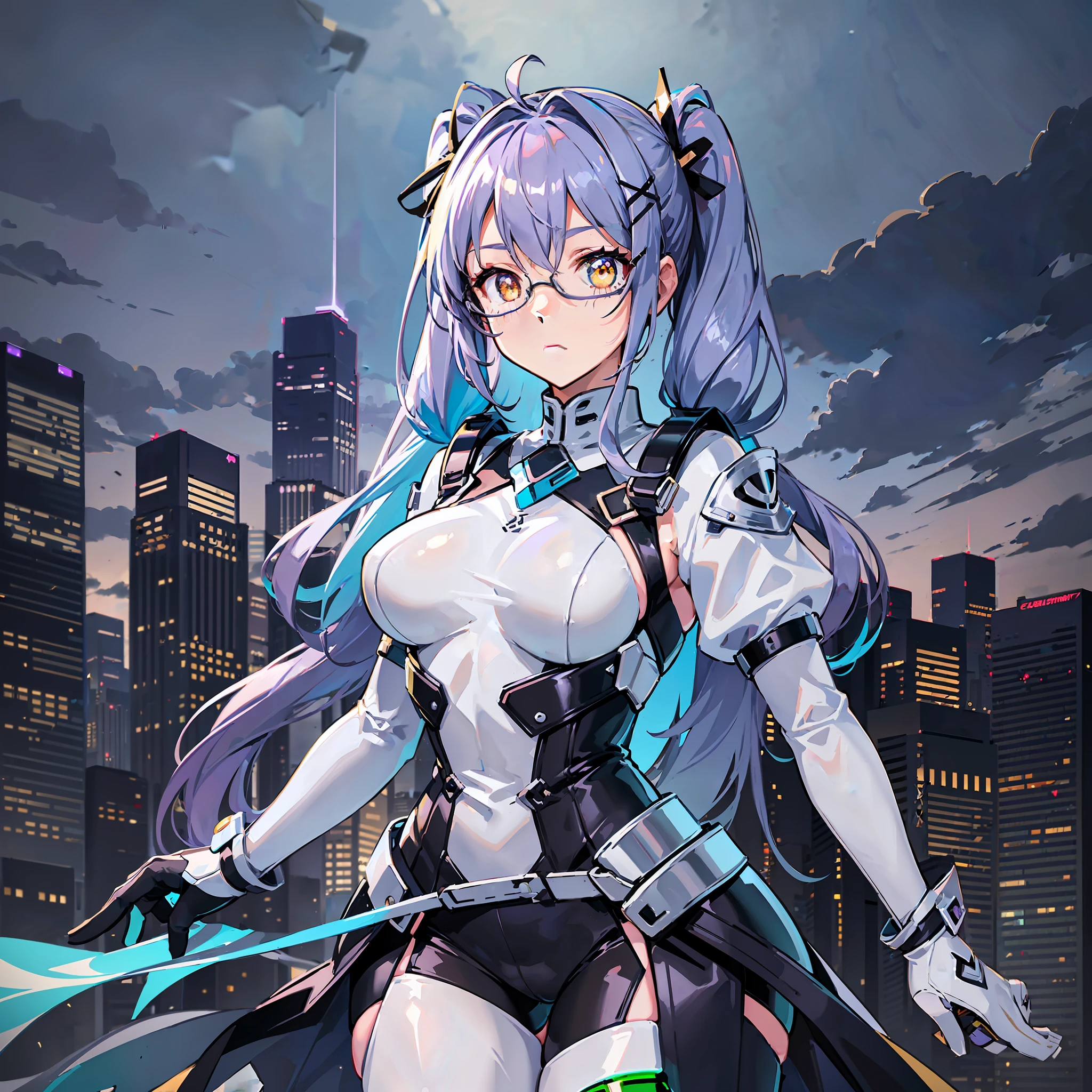 single girl,alone,19 years old,well_developed curves,curvaceous_body,hourglass_figure,perspective,beautiful_face,high_quality_outfits,futuristic_outfits,silght_blush,full_body,full detail face;
(Violet hair:1.4),indigo hair tips,violet (helix-shaped twintails:1.35),two fin-shaped white hairclips;(golden eyes:1.5),(x-shaped white hilted pupils:1.4),golden holographic one-piece goggle eyeglasses on eyes;
Futuristic battlesuit,fitting body curves,white armored shoulder guards,black long slender sleeves,white armored gauntlets with violet decorations,black gloves,white tanktop around breasts,black armored corset,two aqua buttons,aqua zipper,white waistband with four gadget holsters,an aqua stripe framing breast,white trimmed armor skirts with aqua decorations,white and aqua-edged armor tassets,white shorts with aqua edge,black shorts,white pantyhose with hexagon aqua patterns,one aqua gartener belt,silver waistband with gadget holsters;silver mechanic boots,heeled boots;
White mechanic backpack on back;
Rainy weather,night,stormy sky in background,rainy weather,floating in air,overlooking city from midair,calm expression,vigilat gaze,stretching hands