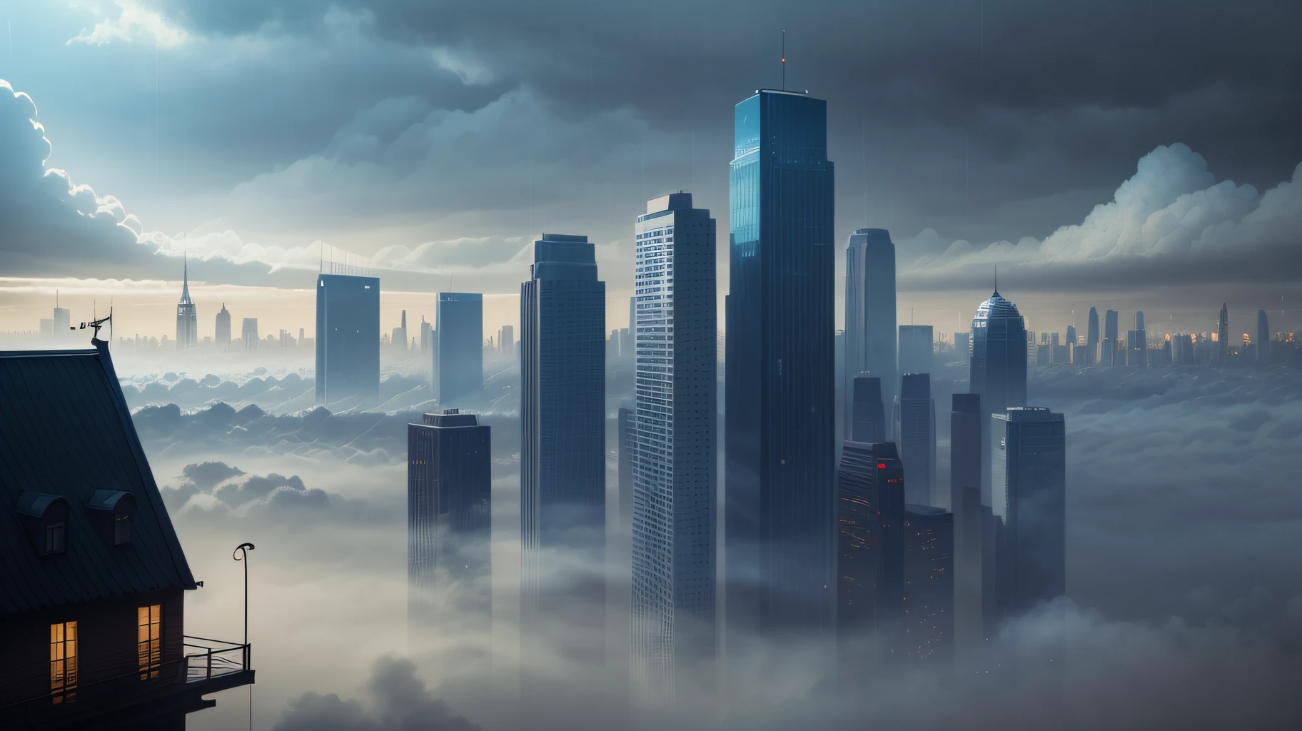 (City background: 0.8), (Smoke and rain: 1.2), (dark blue: 1.1), HD details, film-like pictures, surrealism, light and shadow tracing + surrealism. No one.