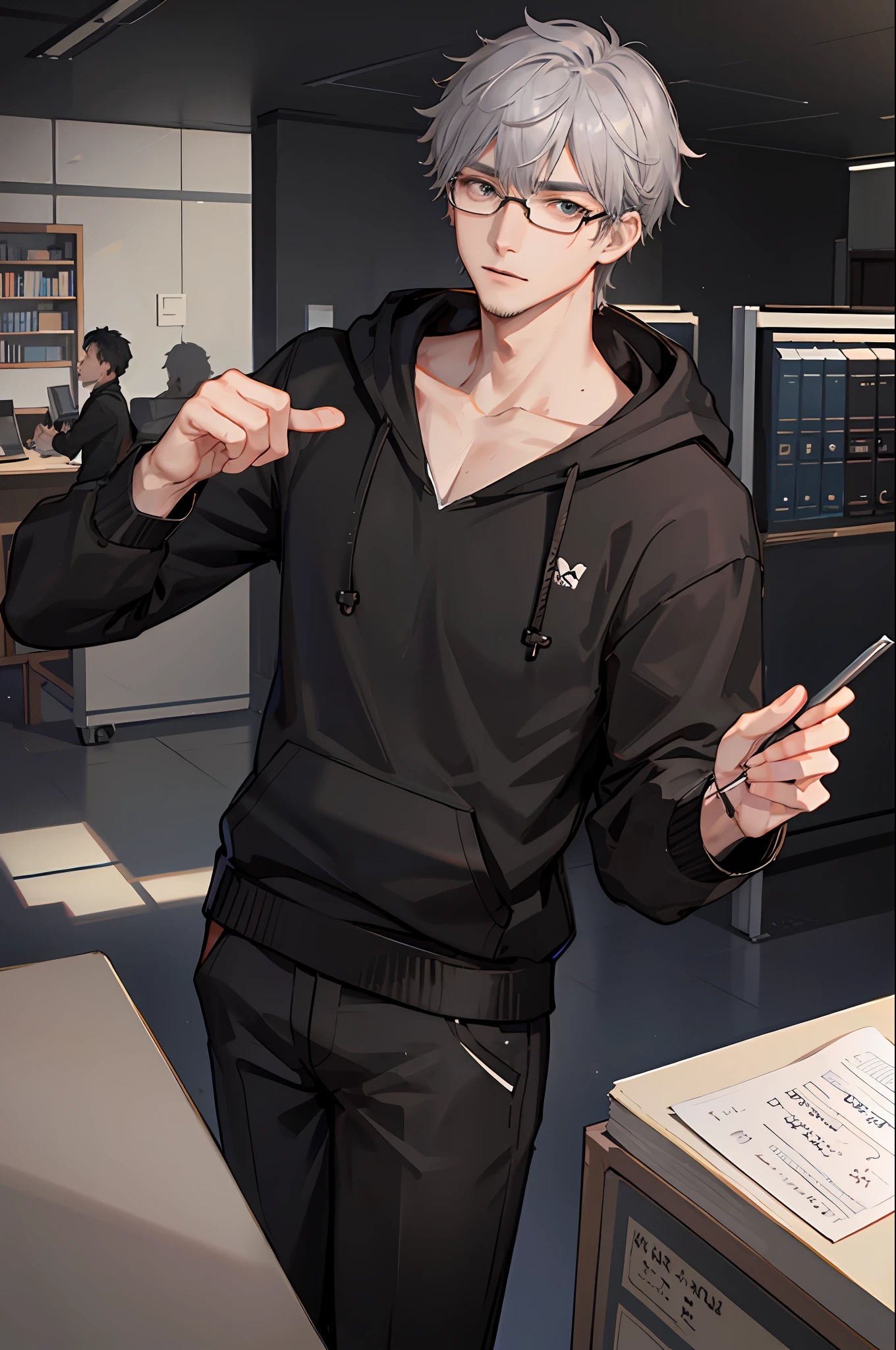 1boy, [detailed background (campus, college, library)], gray hair, dark gray hair, short grey hair, korean hairstyle, lean and muscular male, alpha male, masculine male, ((man wears a black hoodie, black trousers, specs)), correct limbs, correct anatomy, handsome, Eye details, beautiful eyes, delicate eyes, grey eyes, mole under eye, broad chest, broad shoulders, tiny waist, long legs,