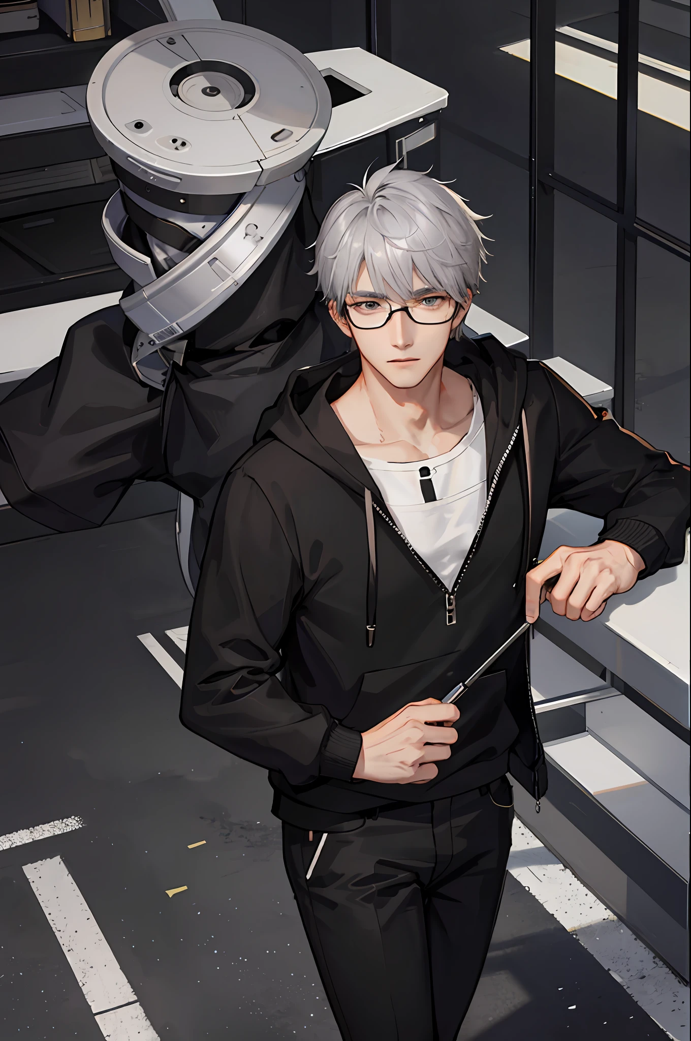 1boy, [detailed background (campus, college, library)], gray hair, dark gray hair, short grey hair, korean hairstyle, lean and muscular male, alpha male, masculine male, ((man wears a black hoodie, black trousers, specs)), correct limbs, correct ???????, handsome, Eye details, beautiful eyes, delicate eyes, grey eyes, mole under eye, broad chest, broad shoulders, tiny waist, long legs,