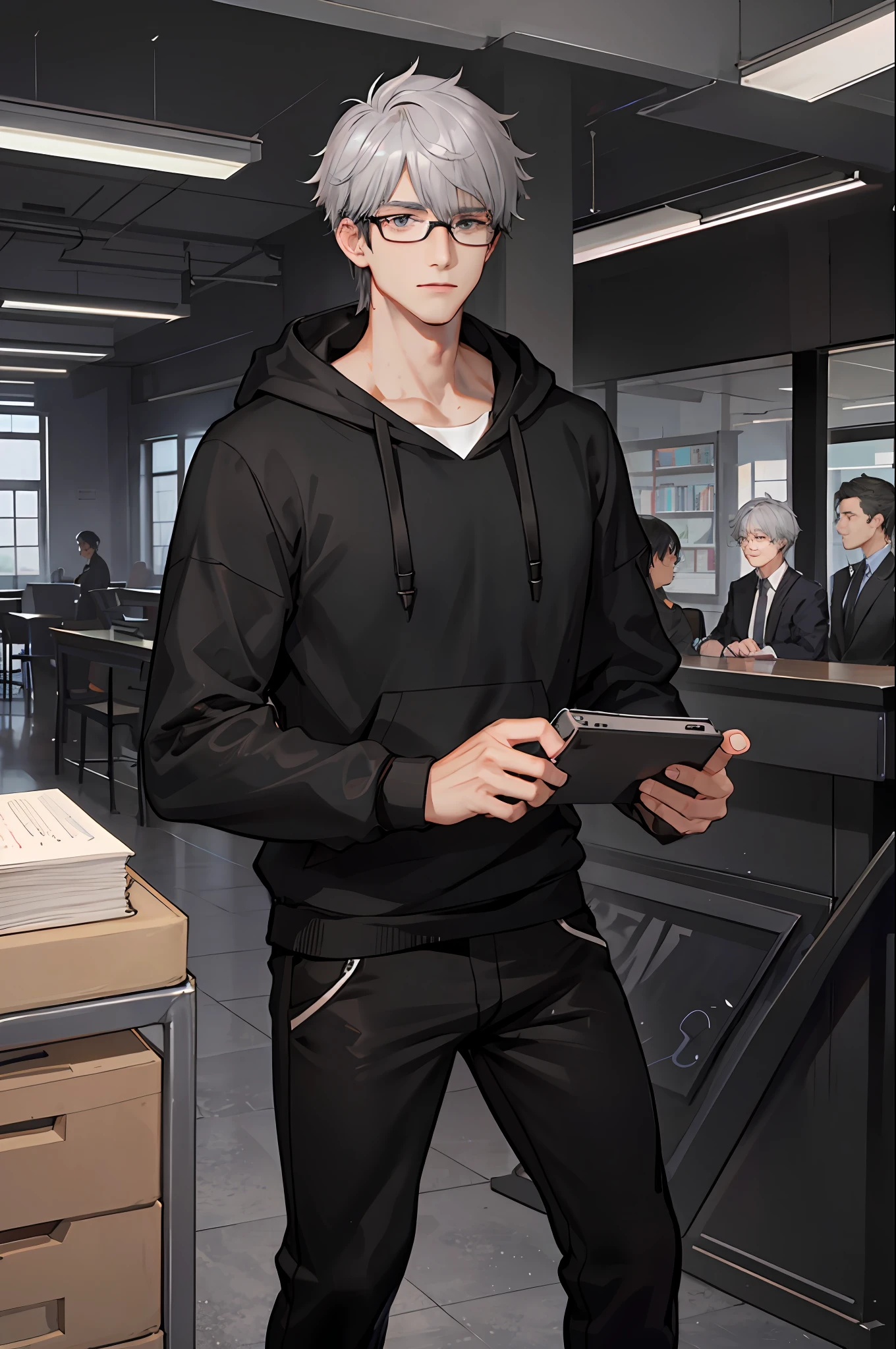 1boy, [detailed background (campus, college, library)], gray hair, dark gray hair, short grey hair, korean hairstyle, lean and muscular male, alpha male, masculine male, ((man wears a black hoodie, black trousers, specs)), correct limbs, correct anatomy, handsome, Eye details, beautiful eyes, delicate eyes, grey eyes, mole under eye, broad chest, broad shoulders, tiny waist, long legs,