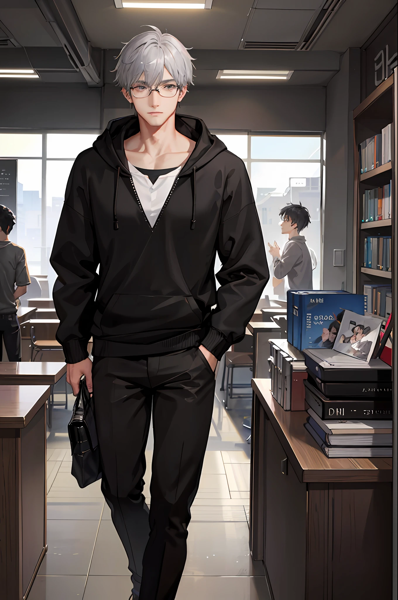 1boy, [detailed background (campus, college, library)], gray hair, dark gray hair, short grey hair, korean hairstyle, lean and muscular male, alpha male, masculine male, ((man wears a black hoodie, black trousers, specs)), correct limbs, correct anatomy, handsome, Eye details, beautiful eyes, delicate eyes, grey eyes, mole under eye, broad chest, broad shoulders, tiny waist, long legs,