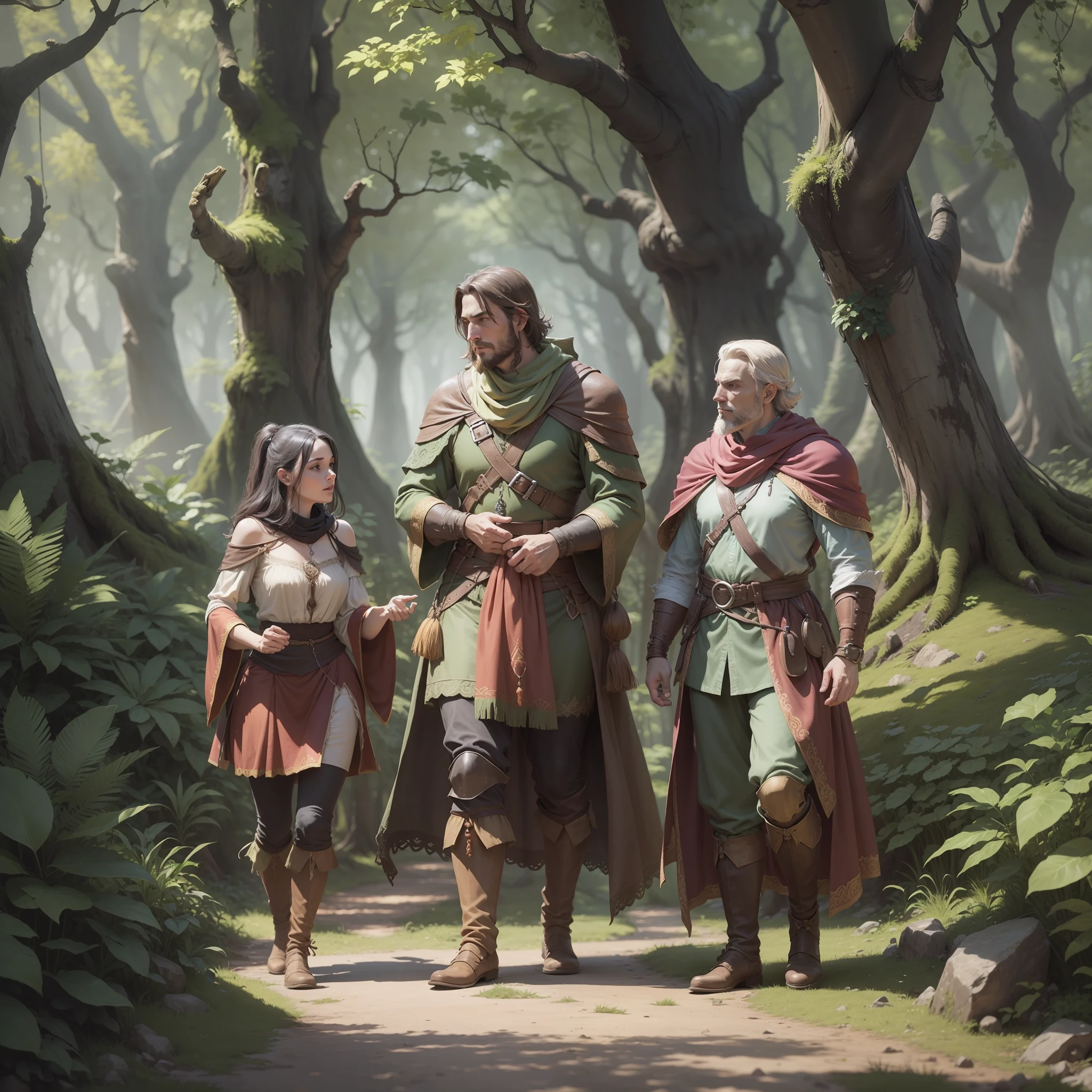 A group of dungeons and dragons adventurers in a forest, mature