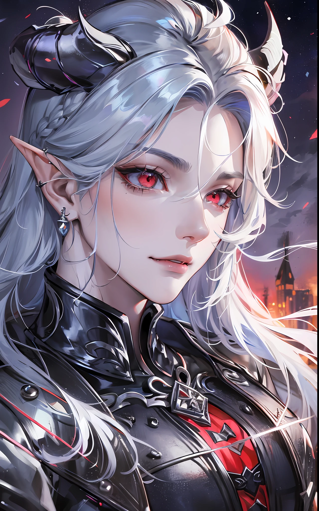 masculine, masculine face, attractive, (((1man))), masterpiece, absurdres, best quality ,intricate details, (shiny skin, shiny body, shiny oily luster skin, shiny hair, pale skintone), Sundown, attractive, ((muscular)), adult, one, earrings, Don't look at the view , Not looking at the view, blue hair, braided hair, perfect detailed face, perfect detailed hands, incubus, horns, red eyes, elf ears, smirk, silver ornaments, masculine features, masculine face, (((night))), moonlight, darkness, dark light, character seen from afar, winter clothes, perfect detailed eyes, perfect detailed face, perfect proportions