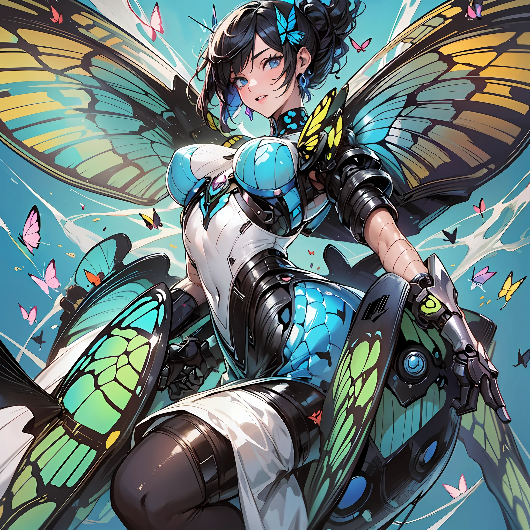 Close up portrait of woman in tardigrade color costume, best anime 4K wallpaper, cyberpunk butterfly, mechanized Valkyrie girl, biomechanical, human structure bee concept art, highly detailed Artgerm based on butterfly, full body, cyborg man butterfly, anime style 4K, insect trainer girl, butterfly,