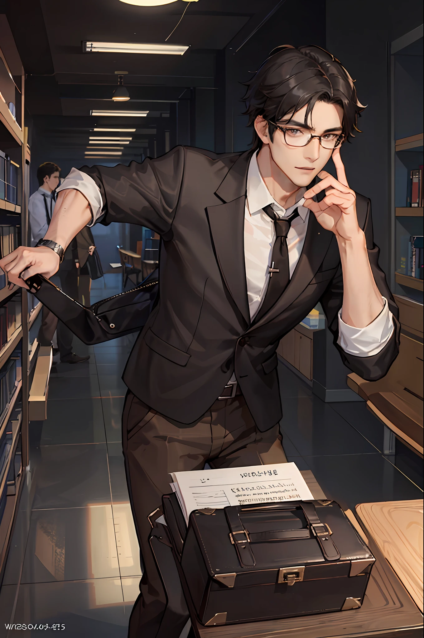 1boy, [detailed background (campus, college, library)], black hair, dark hair, short black hair, korean hairstyle, neat hairstyle, lean and muscular male, alpha male, masculine male, tall male ((man wears a brown suit, brown trousers, specs)) holding briefcase)), correct limbs, correct anatomy, handsome, Eye details, beautiful eyes, delicate eyes, grey eyes, broad chest, broad shoulders, tiny waist, long legs, serious face