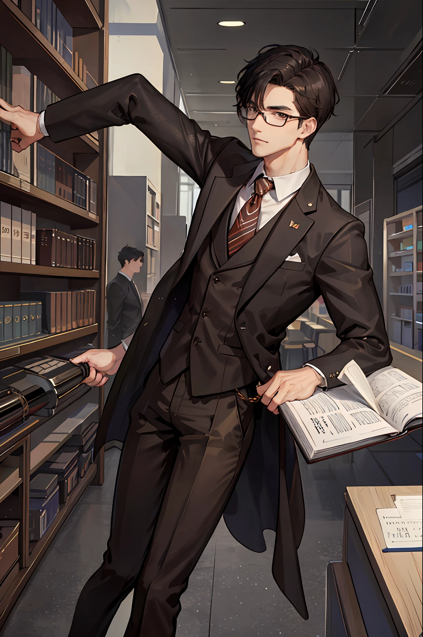 1boy, [detailed background (campus, college, library)], black hair, dark hair, short black hair, korean hairstyle, neat hairstyle, lean and muscular male, alpha male, masculine male, tall male ((man wears a brown suit, brown trousers, specs)) holding briefcase)), correct limbs, correct anatomy, handsome, Eye details, beautiful eyes, delicate eyes, grey eyes, broad chest, broad shoulders, tiny waist, long legs, serious face