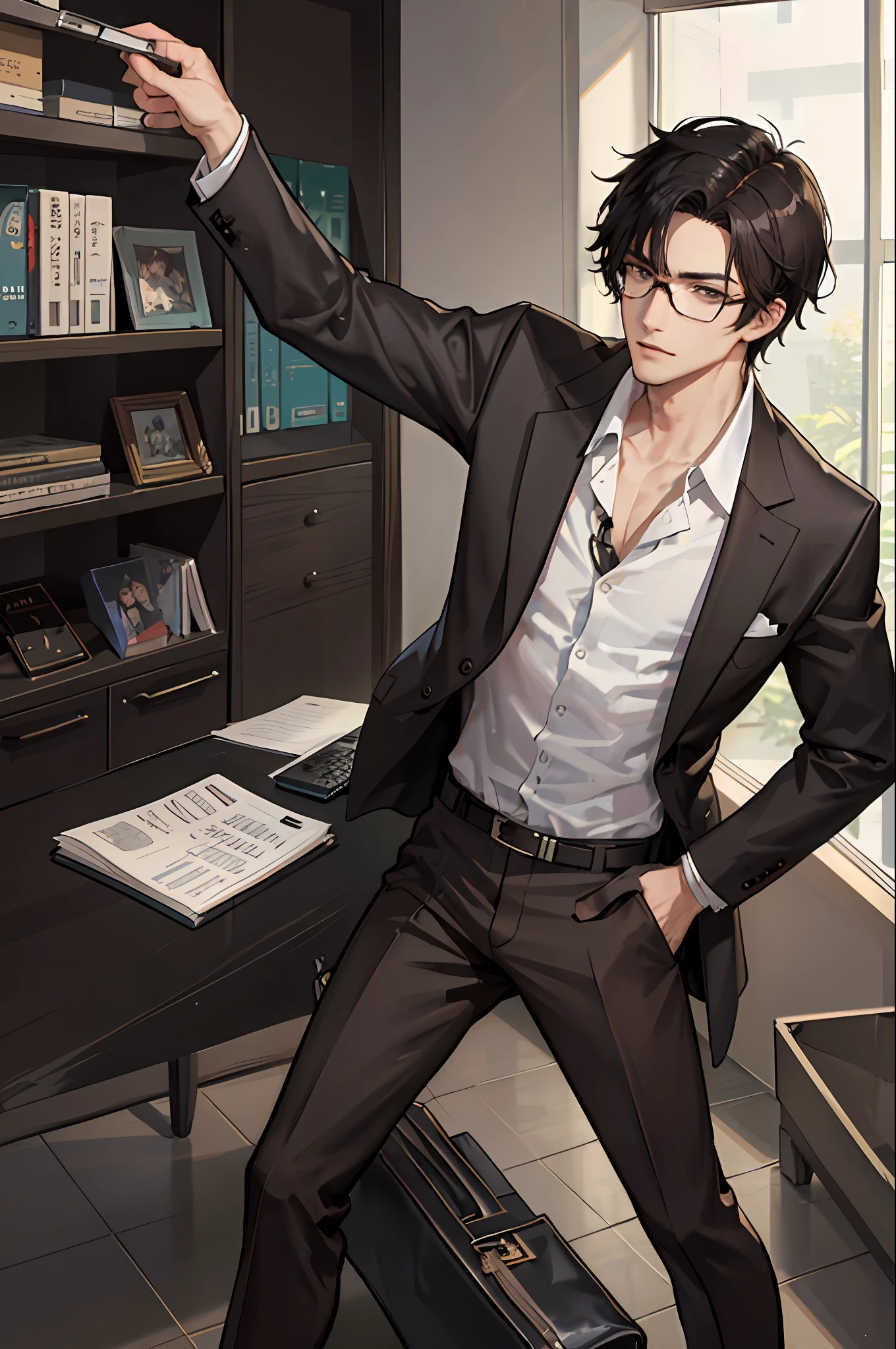 1boy, [detailed background (campus, college, library)], black hair, dark hair, short black hair, korean hairstyle, neat hairstyle, lean and muscular male, alpha male, masculine male, tall male ((man wears a brown suit, brown trousers, specs)) holding briefcase)), correct limbs, correct anatomy, handsome, Eye details, beautiful eyes, delicate eyes, grey eyes, broad chest, broad shoulders, tiny waist, long legs, serious face