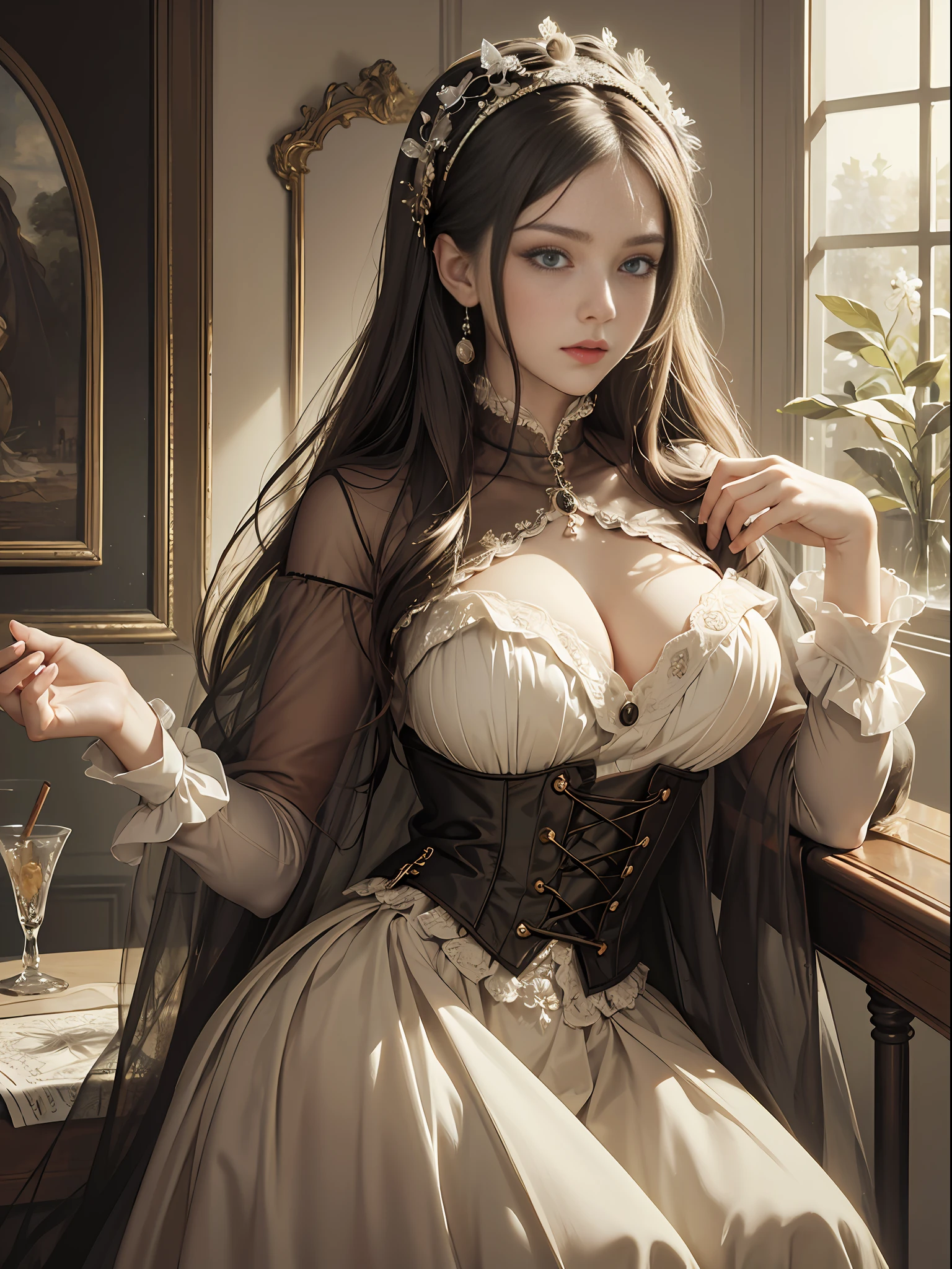 (Pure Color: 0.9), (Color: 1.1), (Masterpiece: 1,2), Top Quality, Masterpiece, High Resolution, Original, Highly Detailed Wallpaper, Beauty, Victorian, Dress, Melancholy, Big Breasts, Sepia Color, 40 years old --auto --s2