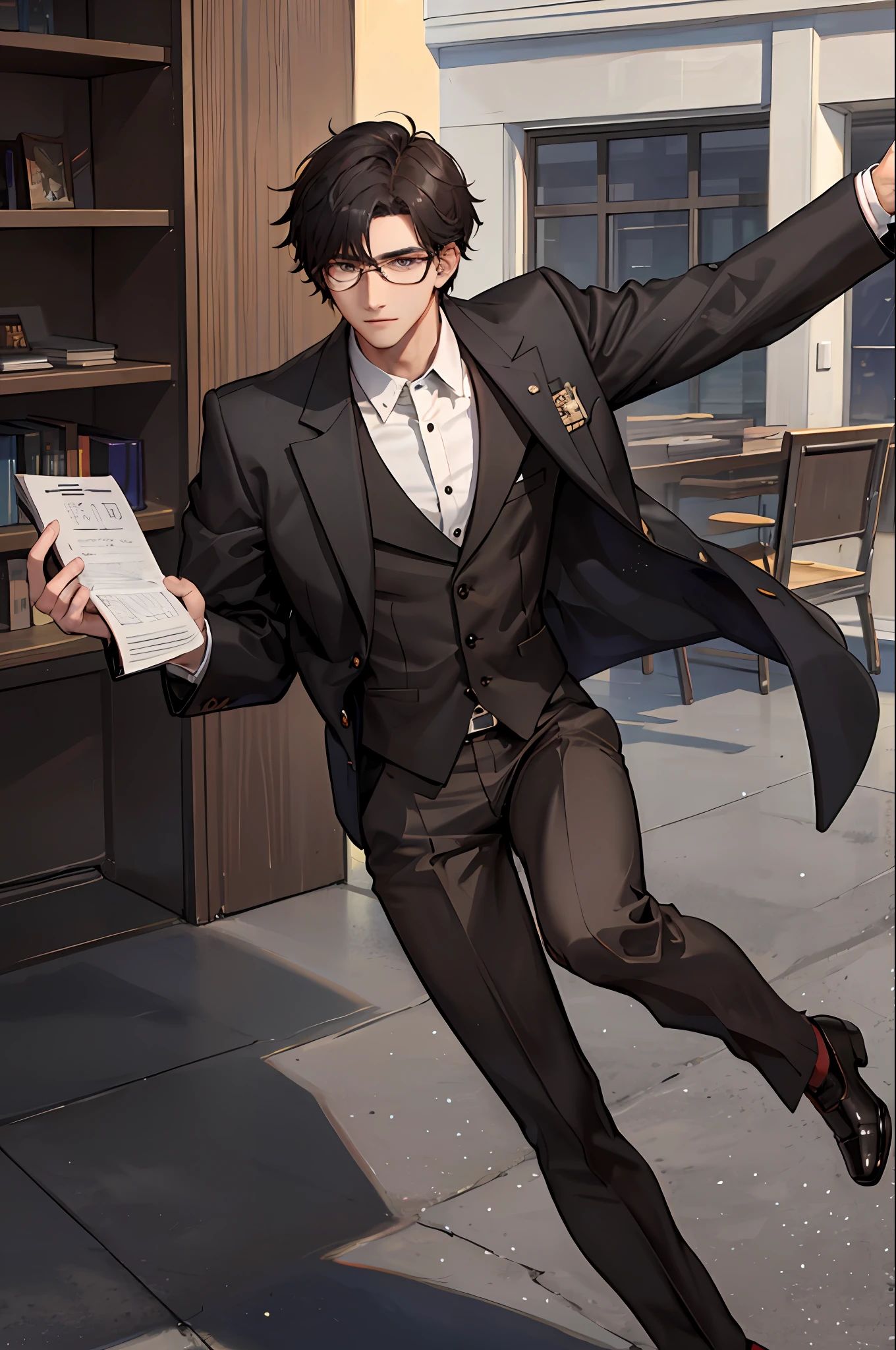 1boy, [detailed background (campus, college, library)], black hair, dark hair, short black hair, korean hairstyle, neat hairstyle, lean and muscular male, alpha male, masculine male, tall male ((man wears a brown suit, brown trousers, specs)) holding briefcase)), correct limbs, correct anatomy, handsome, Eye details, beautiful eyes, delicate eyes, grey eyes, broad chest, broad shoulders, tiny waist, long legs, serious face