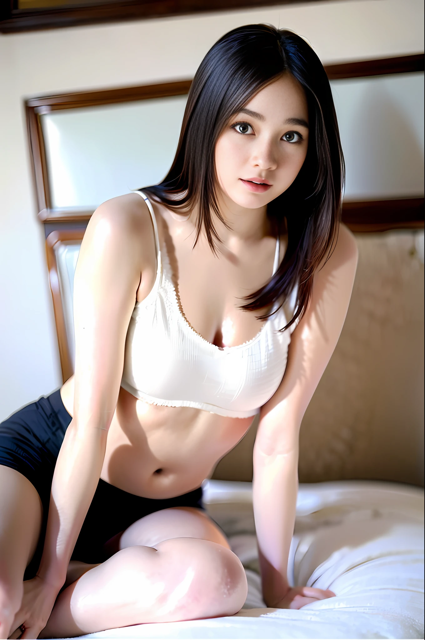 ((top quality, 8K, masterpiece: 1.3)), sensual woman, one girl, (constricted, slender physique: 1.2), dark brown hair, short hair, painted from head to toe, black topless bra, black open clutch shorts, exposure, bed, lying on bed, lying down, supine, crotch open, legs spread, with hair in the crotch, ultra-detailed face, detailed lips, detailed eyes, detailed breasts, big, double eyelids, racy underwear, pimp-like underwear, pimp-like bra, pimp-like panties, large areola protruding from underwear, wet panties, erotic underwear, sexy, cleavage, pubic hair protruding from underwear, very fine face and skin texture, hammy breasts, lower breasts, hiding breast protrusions with fingers, Brazilian bikini, I'm,