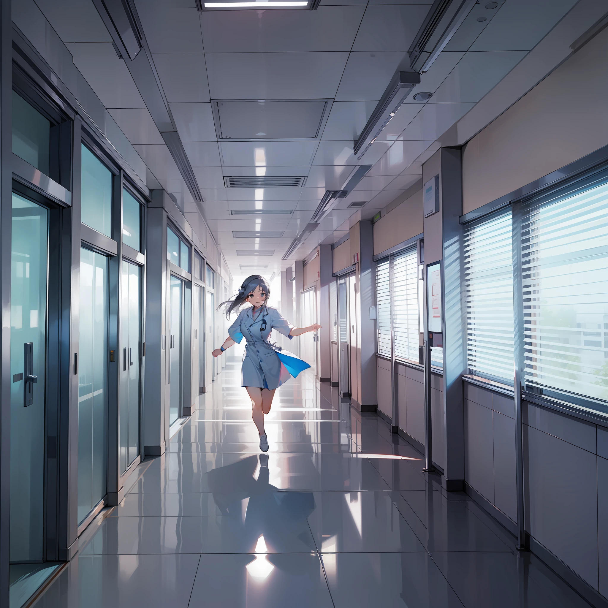 , high quality, high detail, white doctor gown, female doctor, running, corridor, hospital