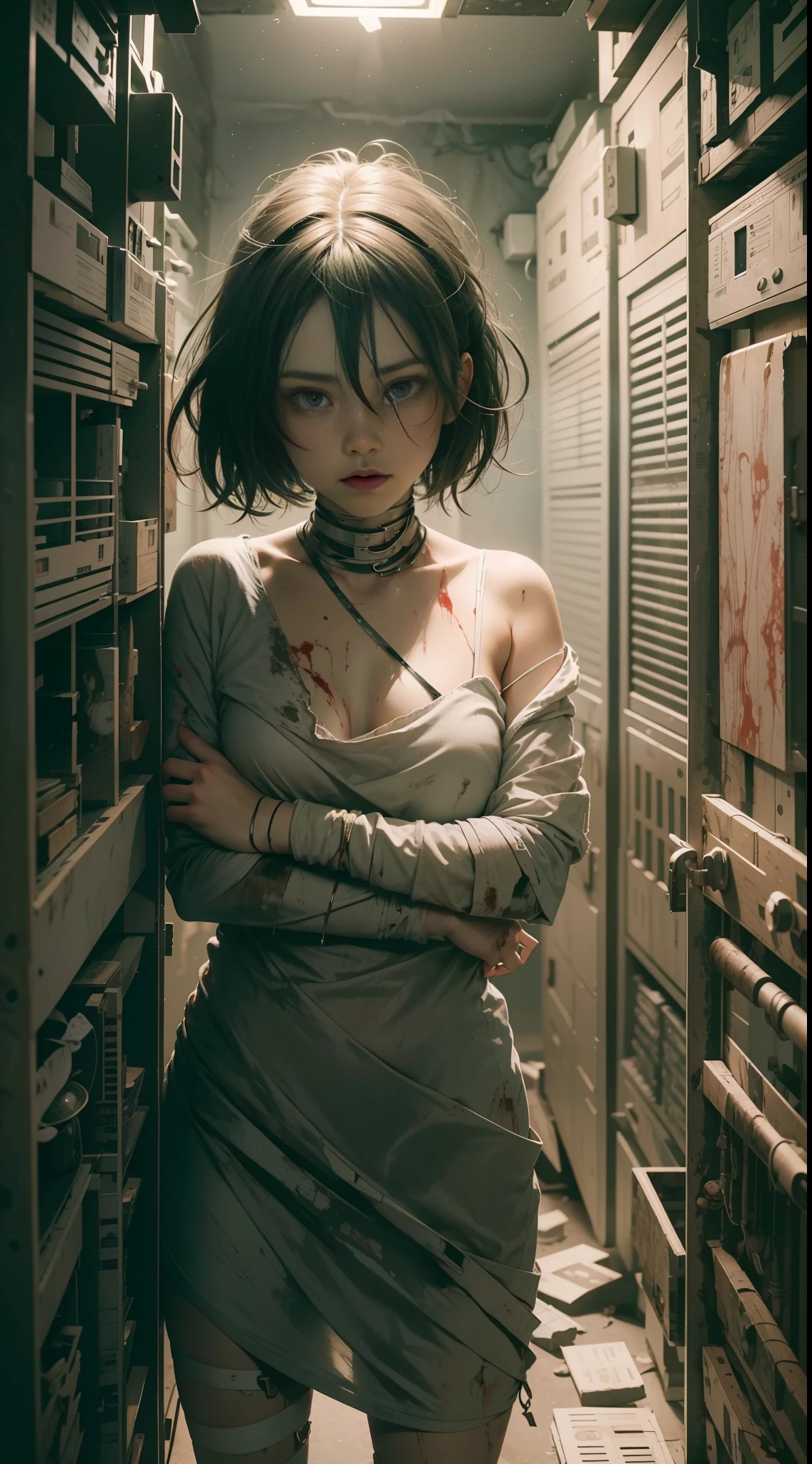 A girl, in the secret room, escape, eerie background, boneless background, terrifying picture, terrifying light, the girl's face is bloodless, there are wounded bandages on her arms, blood on the ground,