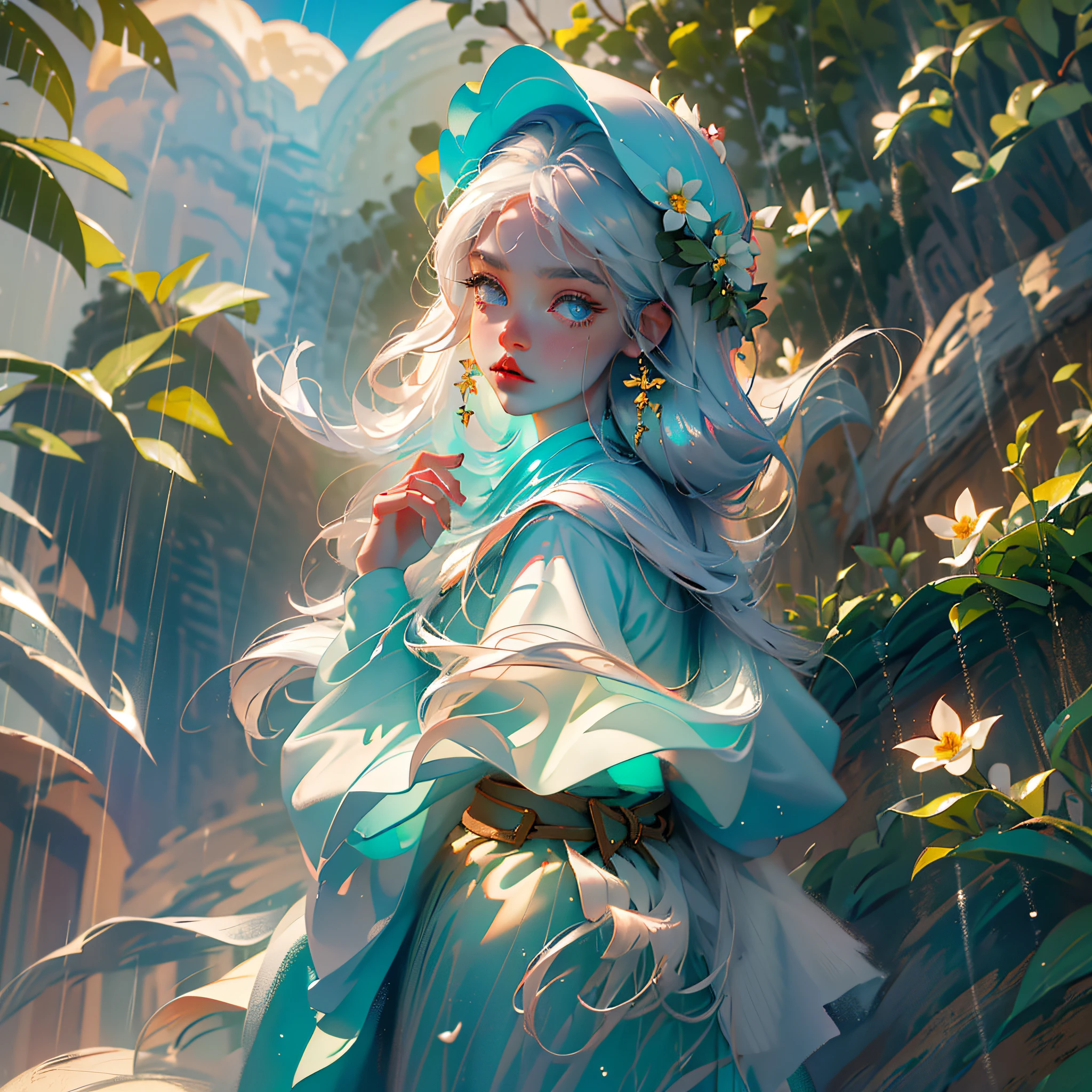 In a windy summer, the rays of the sun gathered on the body of the 18-year-old beautiful girl, the girl's hair was silver-white, her eyes were as clear as emeralds, the blue and white robe covered the girl's figure, adding a bit of mystery to the girl's beautiful figure, the sun shone on her short silver-white hair, the girl's red face was extremely warm, against the surrounding air, girl, breasts, lantern, daytime, solo, room, hair ornament, wet, hanfu, chinese hanfu, wading, water, hair flower, flower, outdoor, sky, sun, rain, white hair, blue eyes, no shoulders, mountains, clouds, holding, belt, bare shoulders, cap, standing, short sleeves, shorts, night sky, side chest, belt, wet clothes, bangs, tree, from side, reflection, short hair, cloudy sky, wet hair (((masterpiece), (very detailed CG Unity 8k wallpaper), best quality, solo, 1girl, movie lighting, detailed background, beautiful detailed eyes, bright pupils, (very delicate and beautiful), (beautiful and detailed eye description), Ultra-detailed, masterpiece,)), chinoiserie --auto --s2