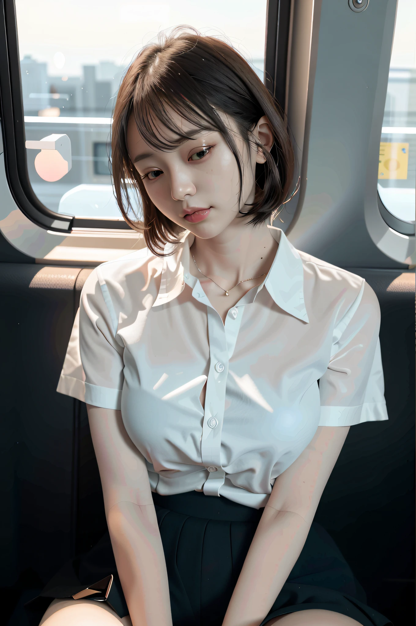 À la Fed woman sitting on train looking at mobile phone, Sakimi-chan in white shirt, Sakimi-chan in shirt hdri, Sakimi-chan, wearing blouse and wearing white shirt, Korean girl, wearing light shirt, Yoshitomo Nara, Sexy :8, tight shirt, wide open eyes, pretty eyes