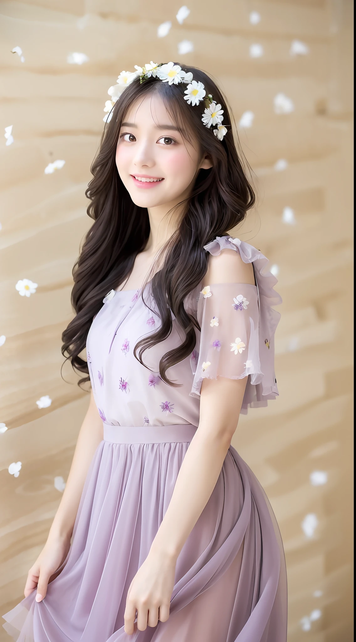 Cute girl, delicate face, long black hair, slightly curly hair, fashionable outfit without revealing, light yellow chiffon tulle short shirt, white short skirt, purple tulle scarf, flowing little daisy print, cute and delicate face, smile, hand bouquet, light pink rose, delicate facial features, HD, flower wall background, highest quality CG