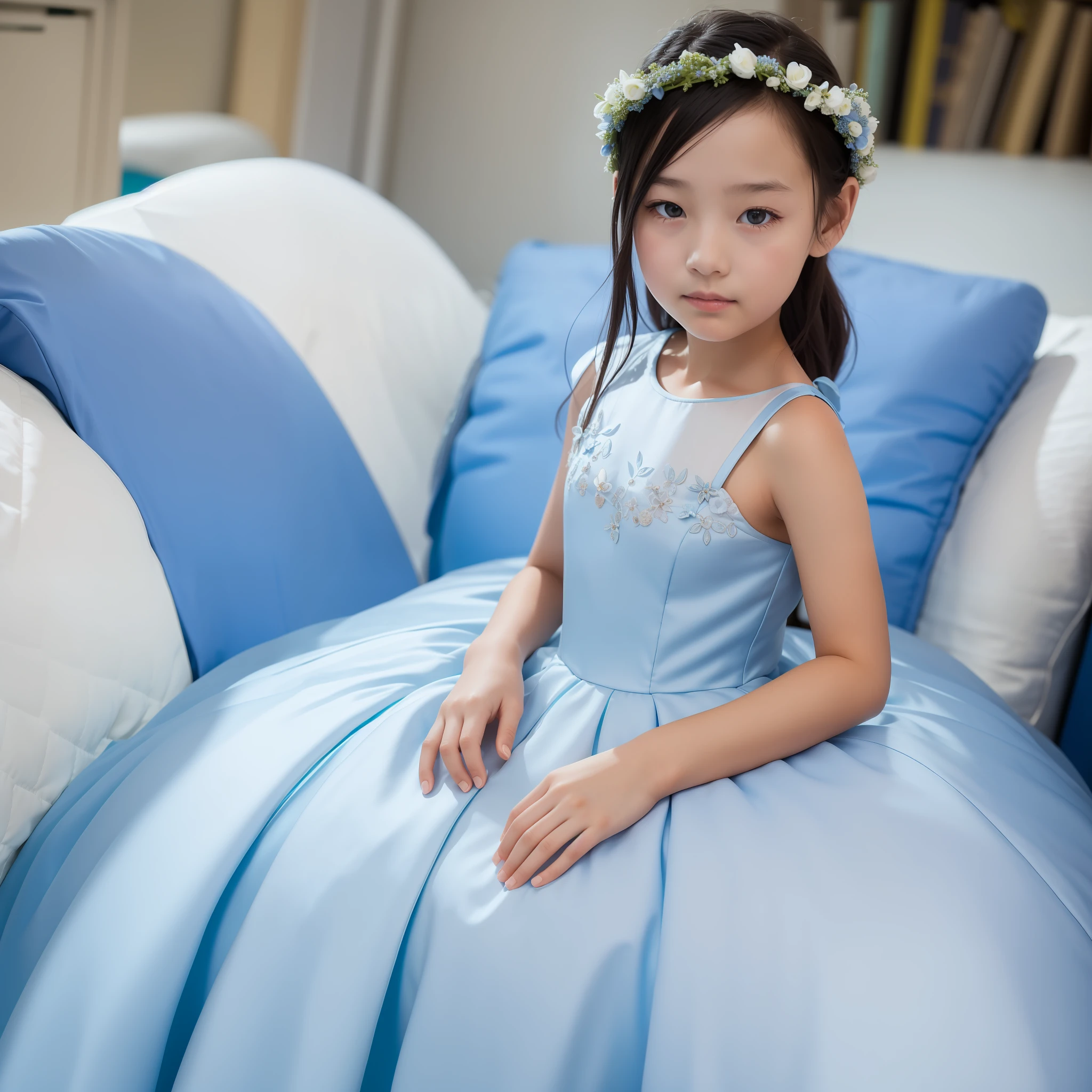 Masterpiece, best quality, an 8-year-old girl, blue wedding dress, flower crown,