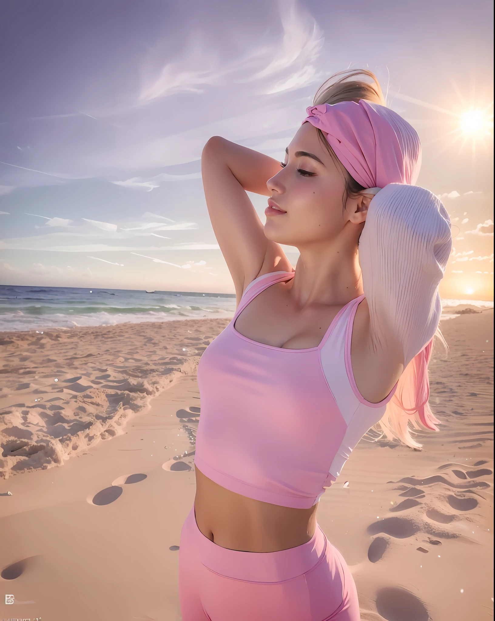 À la Fed woman in pink top and white skirt on the beach, cottage core!! Fitness body, jemachen, wearing violet tight tank top, sexy cropped top, wearing cute top, posing on beach with sea, bae stzy, abs