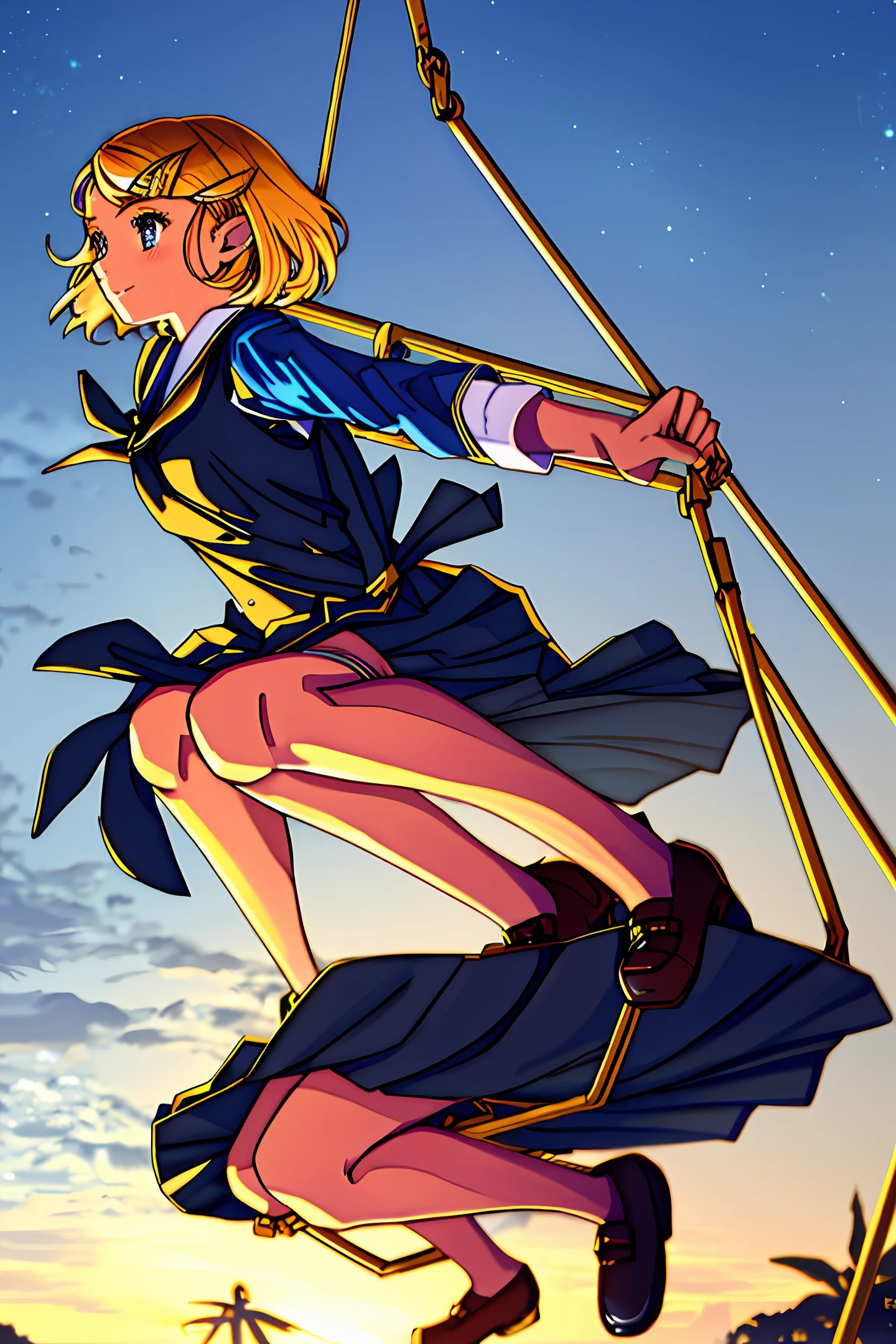 Realistic 1.4, beautiful girl in school uniform, pleated skirt, navy blue tie, golden eyes, blonde, medium short hair, background sunset, park swing ride
