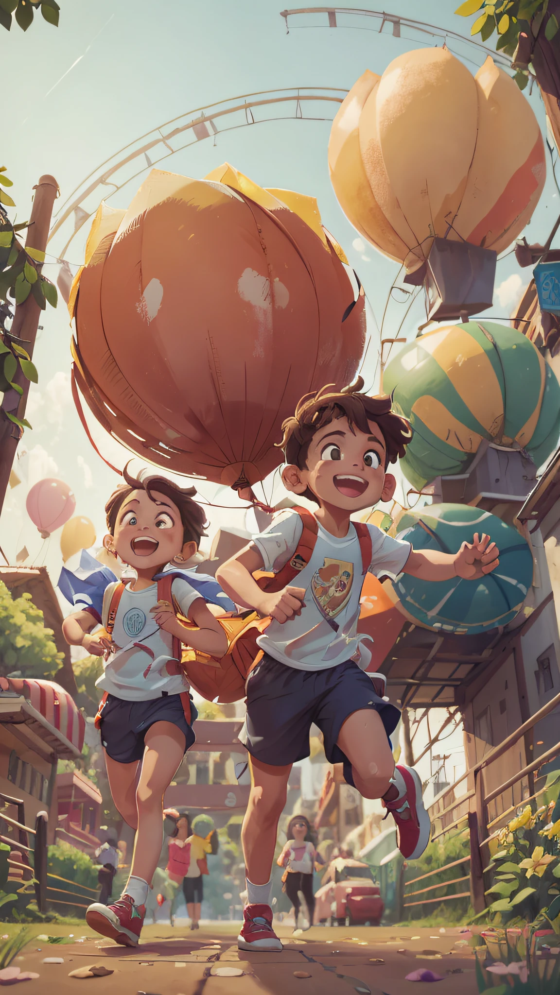 Joãozinho and Mariazinha are taken through the busy city, with tall buildings around them. They hold your hands while smiling and looking excitedly forward. The scene is full of bright colors and lots of light, highlighting the children's enthusiasm, --ar 16:9 --auto --s2
