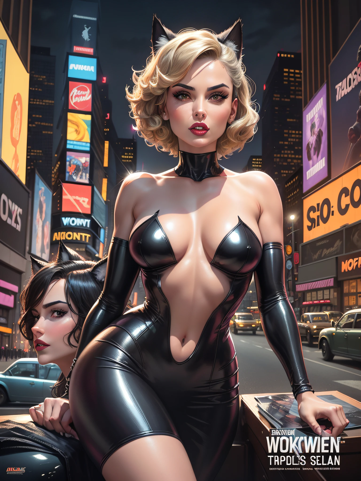 Sports magazine cover, text headlines, a stunning scene of Catwoman and a werewolf drinking coffee and behind them a 1930s car with headlights on Times Square