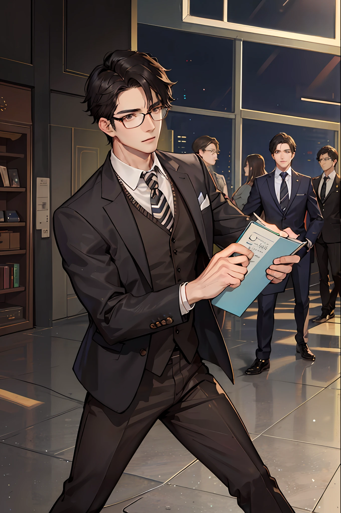 1boy, [detailed background (campus, college, library)], black hair, dark hair, short black hair, korean hairstyle, neat hairstyle, lean and muscular male, alpha male, masculine male, tall male ((man wears a brown suit, brown trousers, specs)) holding briefcase)), correct limbs, correct anatomy, handsome, Eye details, beautiful eyes, delicate eyes, grey eyes, broad chest, broad shoulders, tiny waist, long legs, serious face