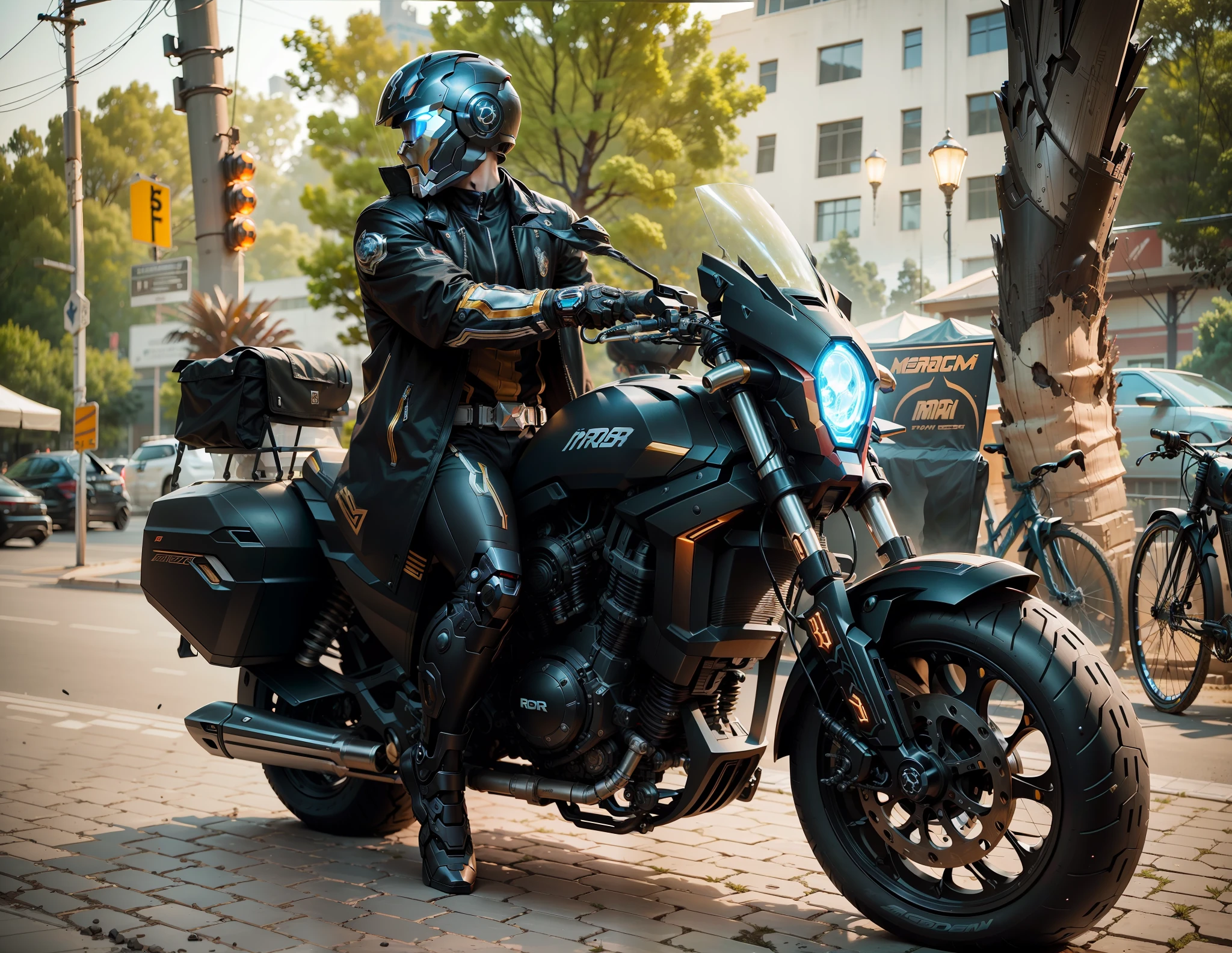 Mechanical explosion, Cyber Iron Man and Cyber Mechanical Motorcycle, leg mechanical, exquisite black tech helmet, Nousr, biomechanics, MSHN robot man, high-tech helmet, surreal, steel, intricate design, crazy details, fine details, extremely clear lines, cinematic lighting, photo realism, detailed masterpiece
