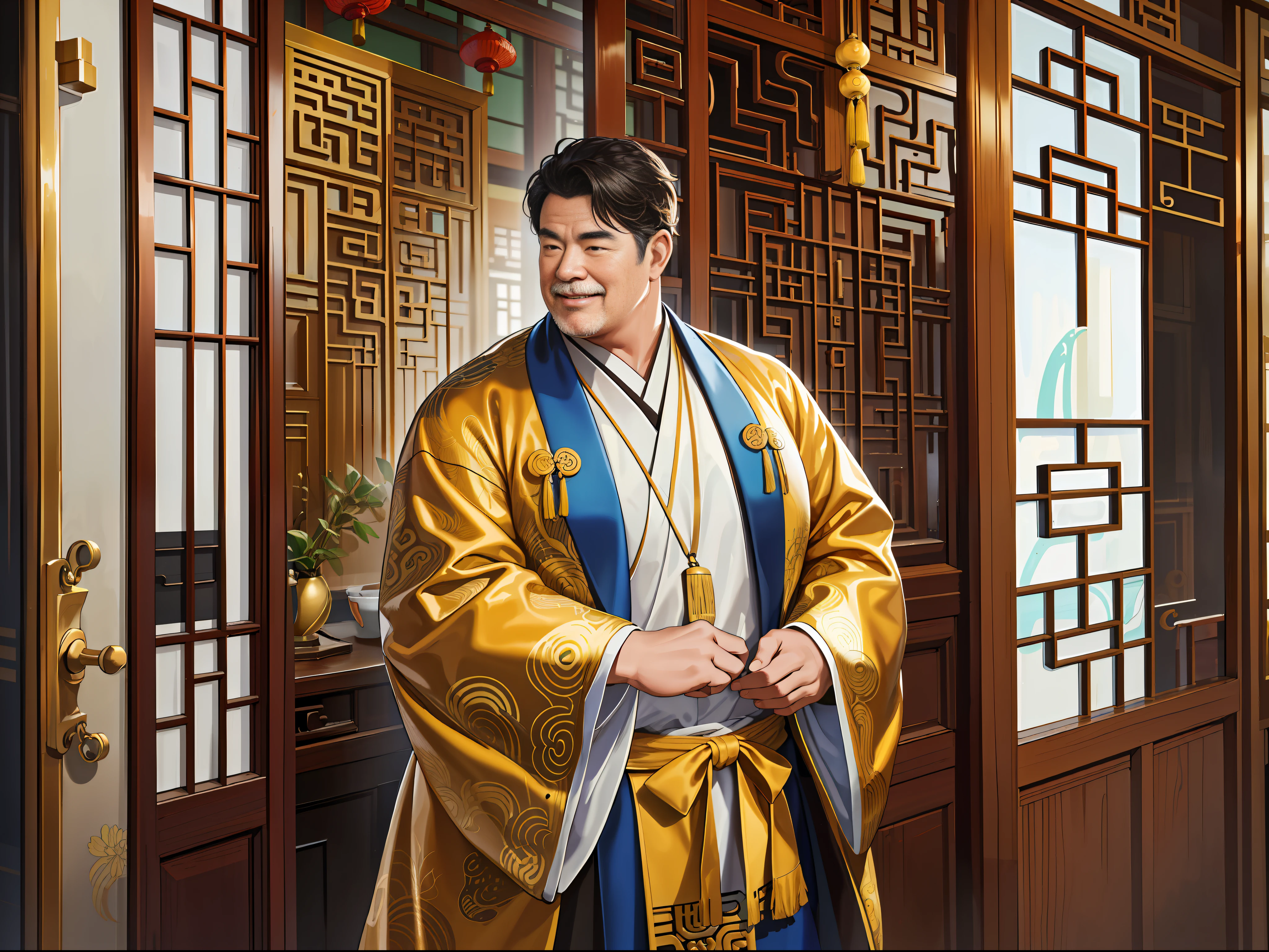 (ridiculous, high resolution, super detailed, realistic,), 1 middle-aged fat man, standing outside the door, 50 years old, nodding happily, hands on his back, head down, happy, happy, Qing dynasty style, gold theme robe, greasy, rich, rich man, room, ancient Chinese style, HD photo.