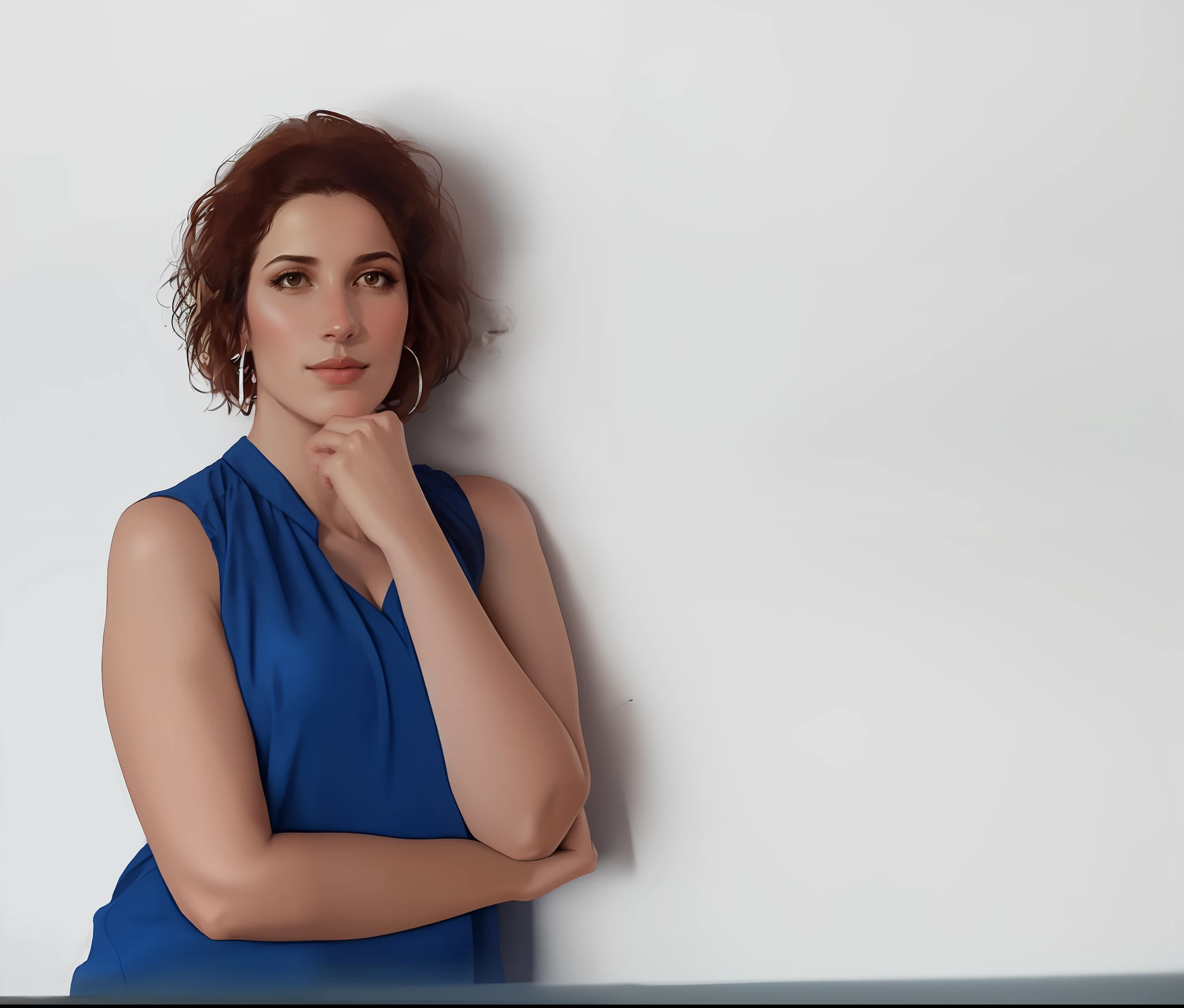 Best quality, masterpiece, ultra-realistic details, a beautiful and mysterious woman relaxing with her chin in hand, perfect shadow and lighting, textured walls, smoke, contrasting silhouette, general plan.