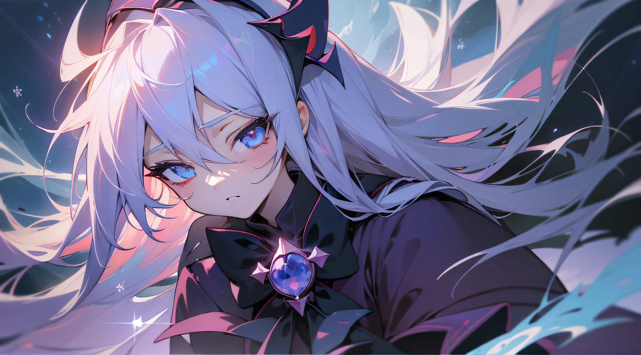 ((masterpiece)),best quality, illustration,beautiful detailed glow,detailed ice,beautiful detailed water,red moon,snowflake, (beautiful detailed eyes),expressionless,beautiful detailed white gloves, (floating cloud:1.2),azure hair,disheveled hair,long bangs, hairs between eyes, dark dress, (dark magician girl:1.1),black kneehighs, black ribbon,white bowties,midriff,{{{half closed eyes}}},big forhead,blank stare,flower,large top sleeves,