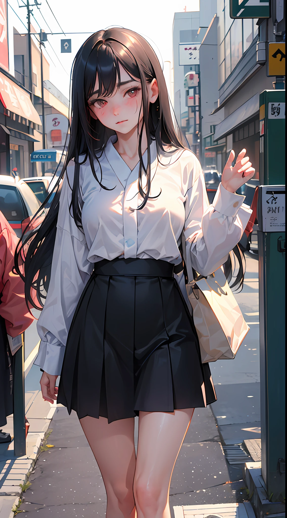 ((best quality))), (((masterpiece))), ((perfect face)),nsfw,One woman, long black hair, in the city, hiding behind a telephone pole, trying not to be found, looking at us, embarrassed, curious, unrequited love, Showa era Japan, nostalgic,teasing, bashful,((confesses and runs away)),