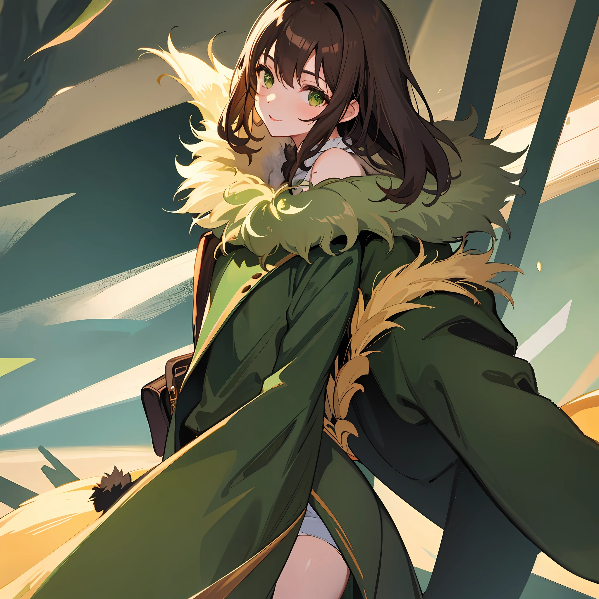 1girl, cheerful, brown hair, dark green eyes, dark green fur coat, spruce forest, elegant, sexy